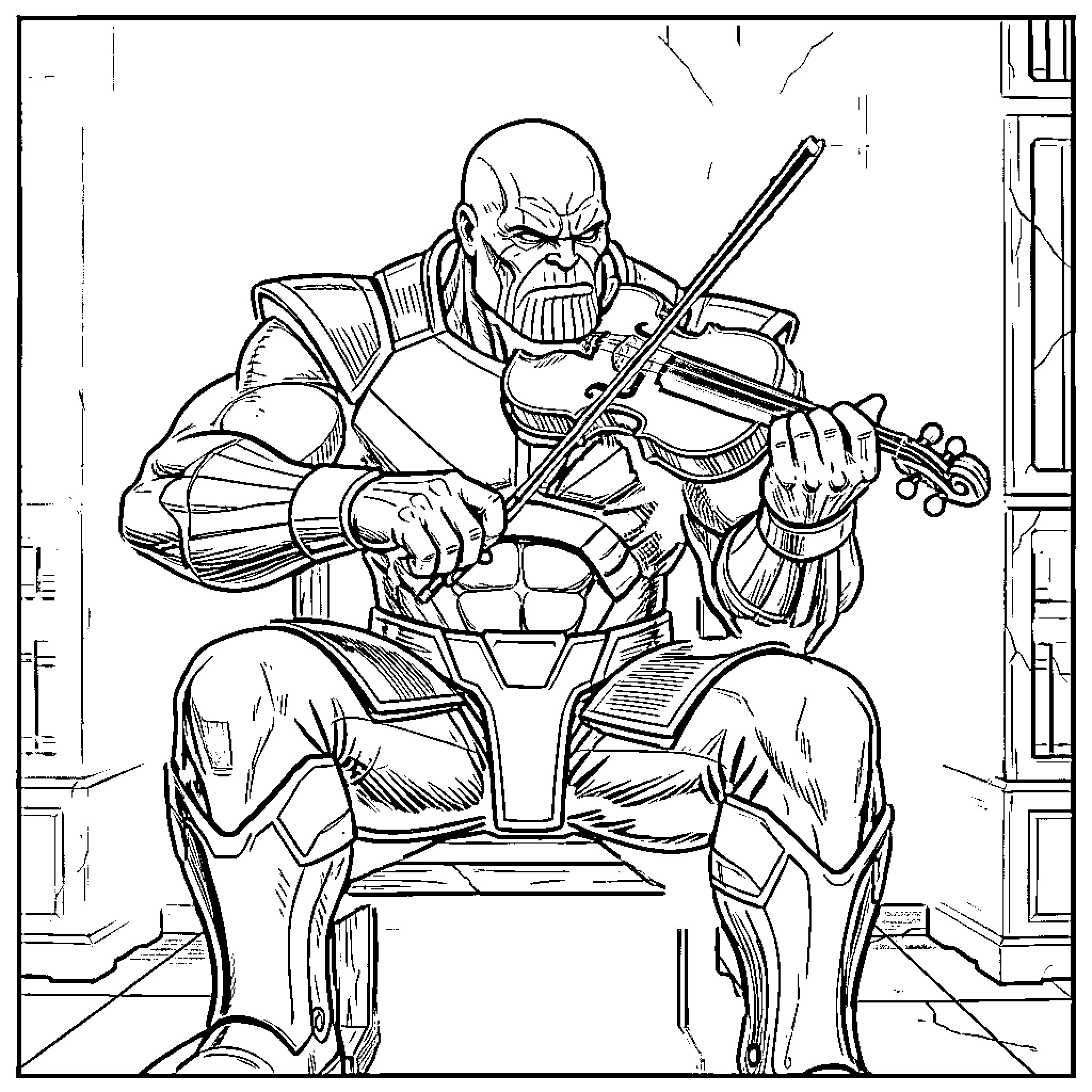 Thanos playing a violin in a contemplative pose Coloring Page (free black-and-white line drawing printable PDF for all, from beginners to advanced learners, including children, teens, adults, and seniors)