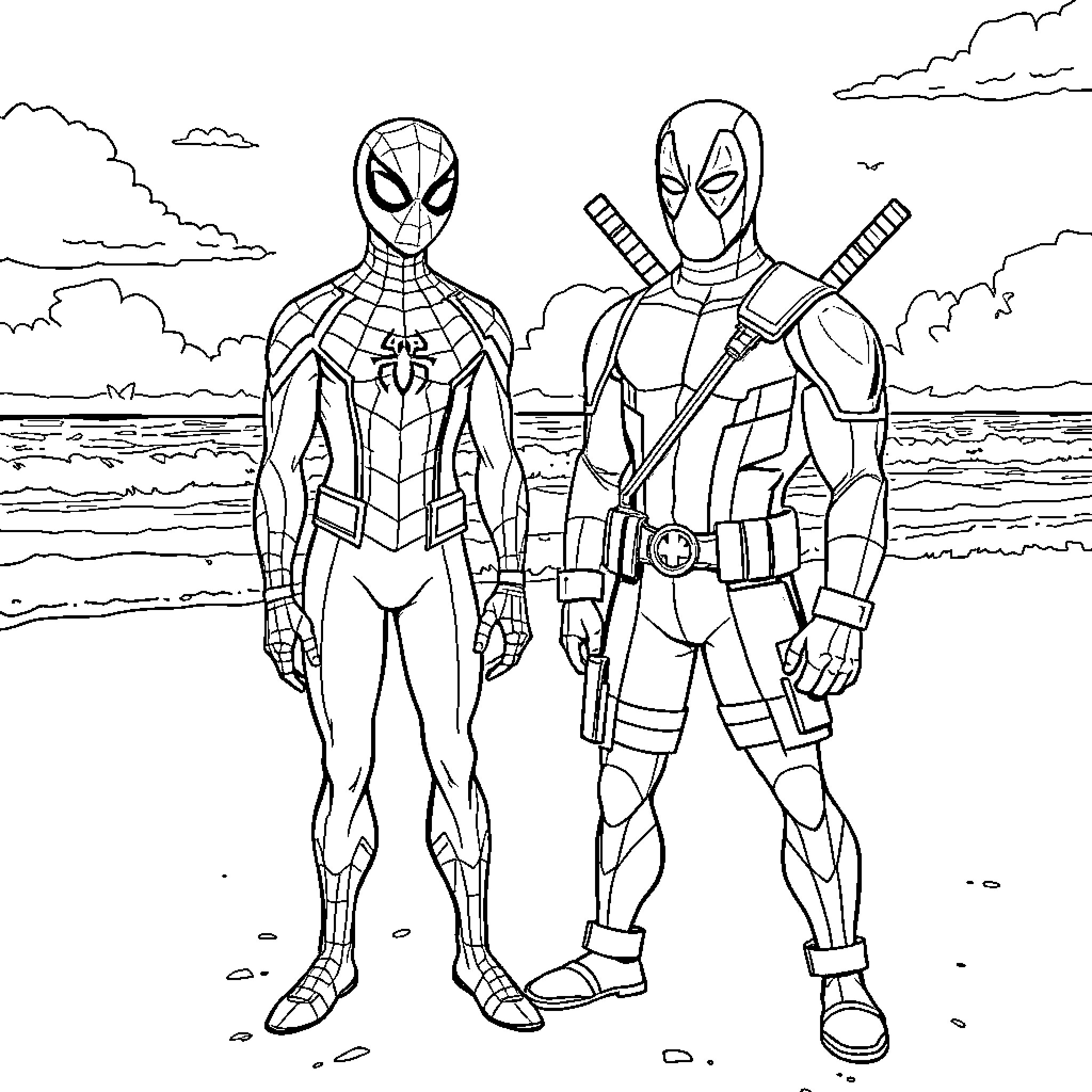 Spiderman and Deadpool on the beach Coloring Page (free black-and-white line drawing printable PDF for all, from beginners to advanced learners, including children, teens, adults, and seniors)