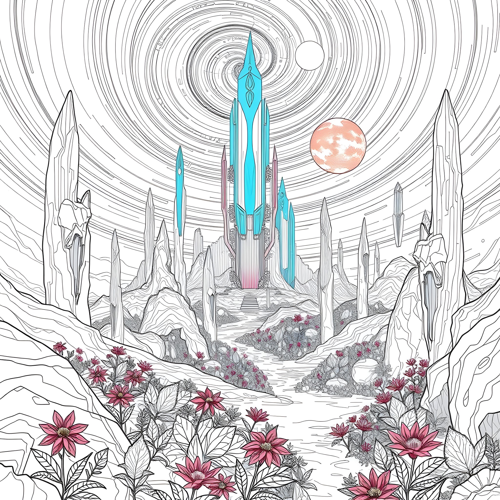 Venus Odyssey - A Futuristic Cosmic Journey Coloring Page (free black-and-white line drawing printable PDF for all, from beginners to advanced learners, including children, teens, adults, and seniors)