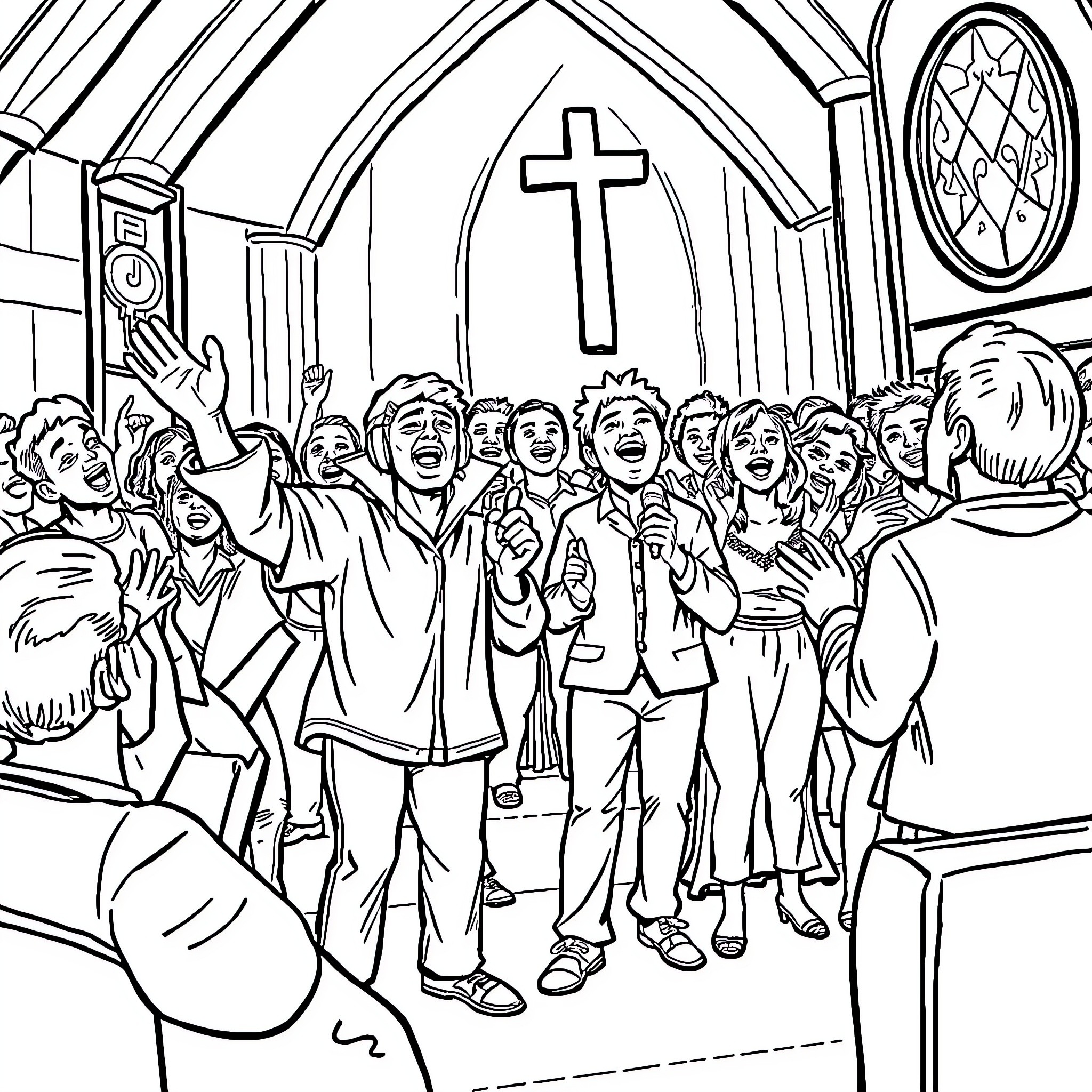 Holy Roller Worshippers Praising in Church Coloring Page (free black-and-white line drawing printable PDF for all, from beginners to advanced learners, including children, teens, adults, and seniors)