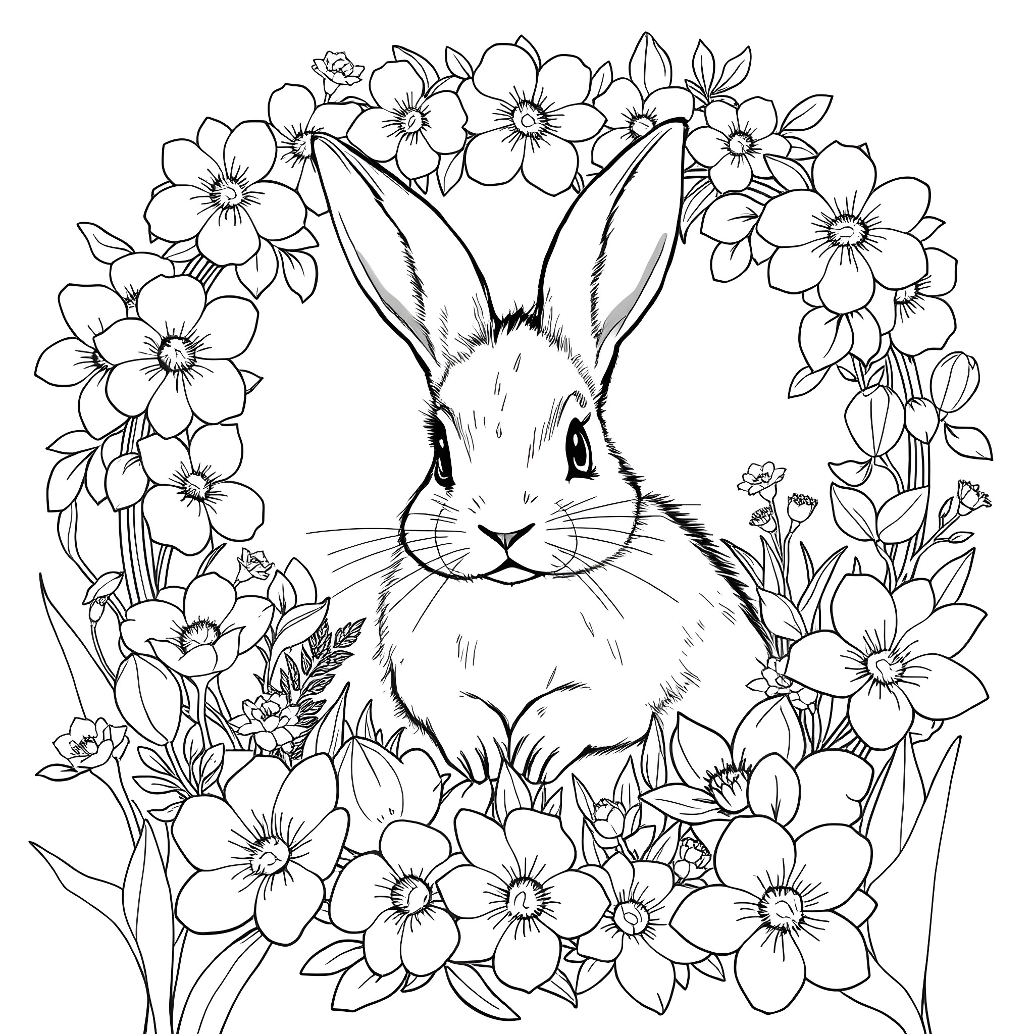Bunny surrounded by beautiful flowers Coloring Page (free black-and-white line drawing printable PDF for all, from beginners to advanced learners, including children, teens, adults, and seniors)
