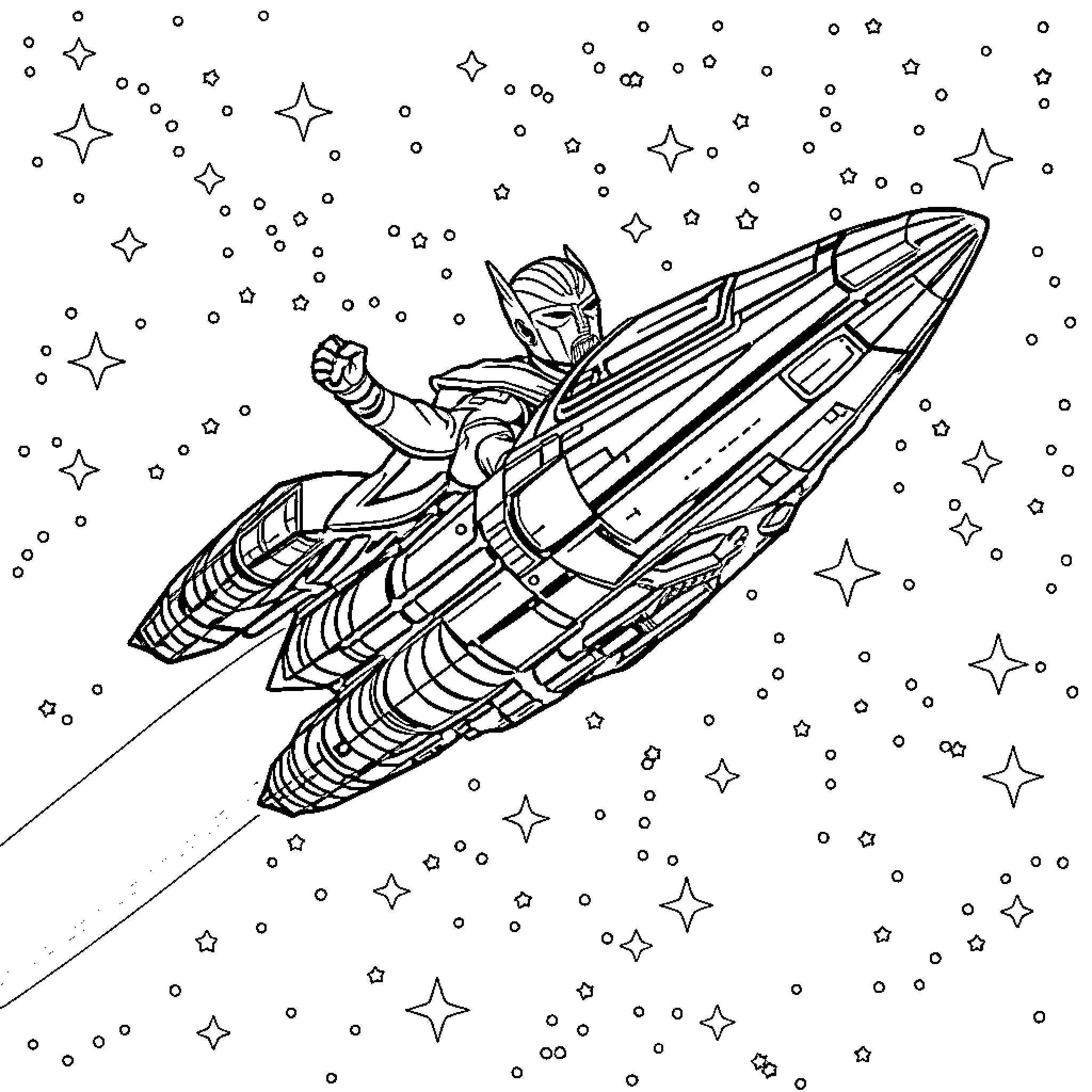 Star Lord soaring through the cosmic landscape Coloring Page (free black-and-white line drawing printable PDF for all, from beginners to advanced learners, including children, teens, adults, and seniors)