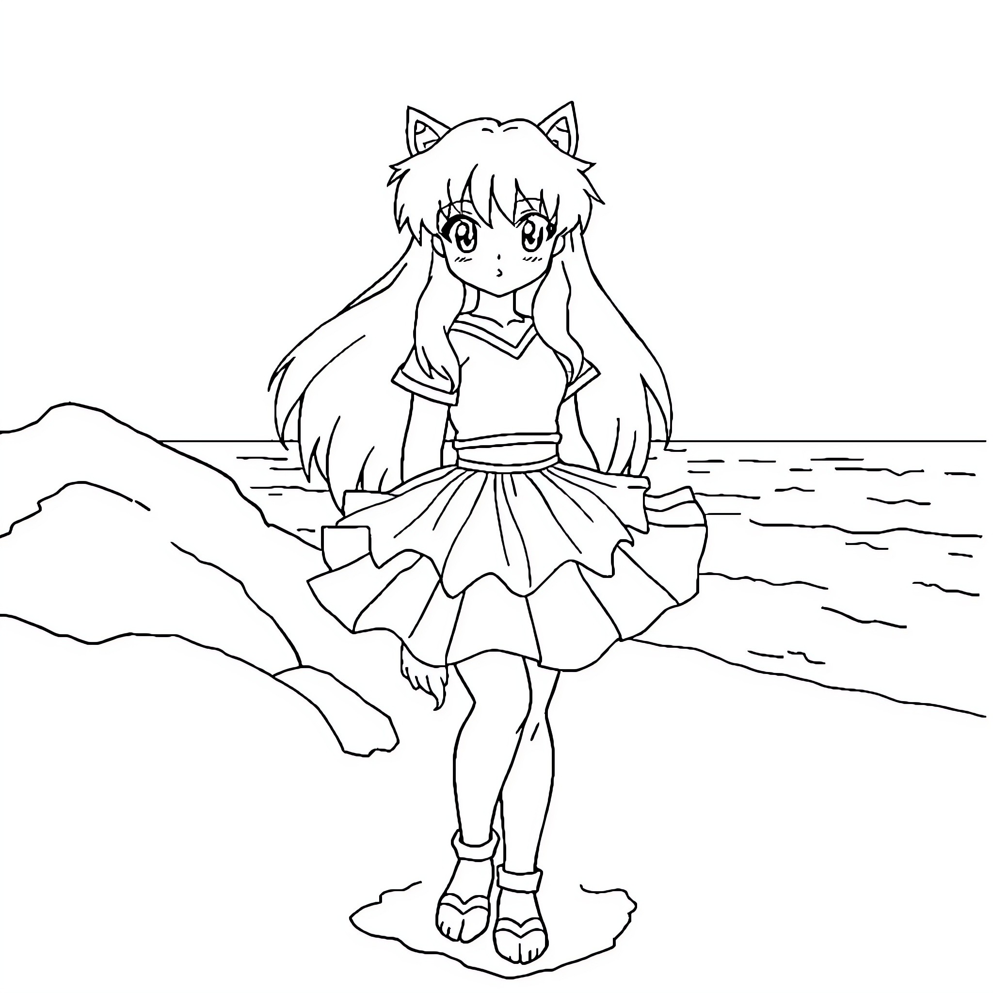 Inuyasha Character in Coastal Scene Coloring Page (free black-and-white line drawing printable PDF for all, from beginners to advanced learners, including children, teens, adults, and seniors)
