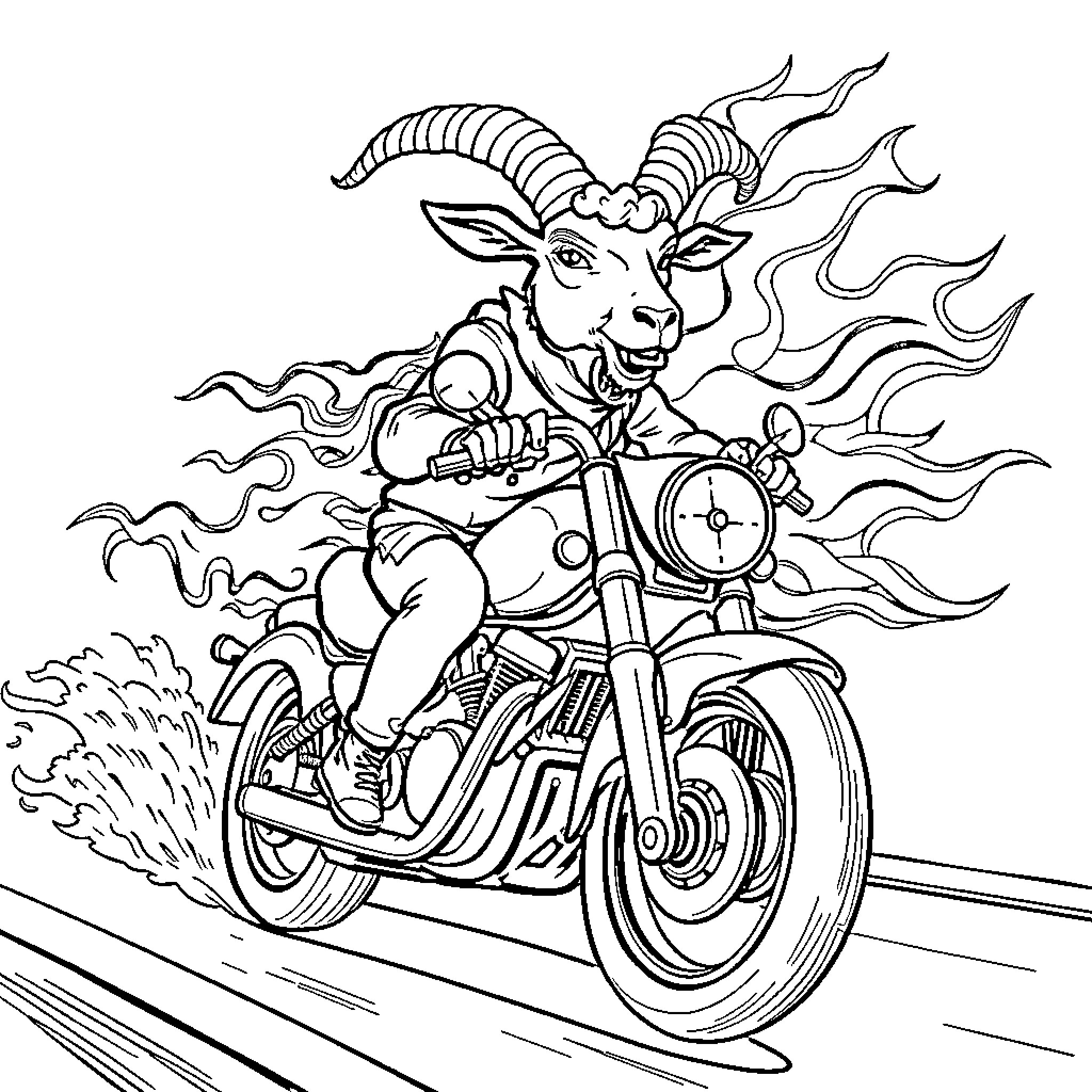 Goat riding a motorcycle with fiery energy Coloring Page (free black-and-white line drawing printable PDF for all, from beginners to advanced learners, including children, teens, adults, and seniors)