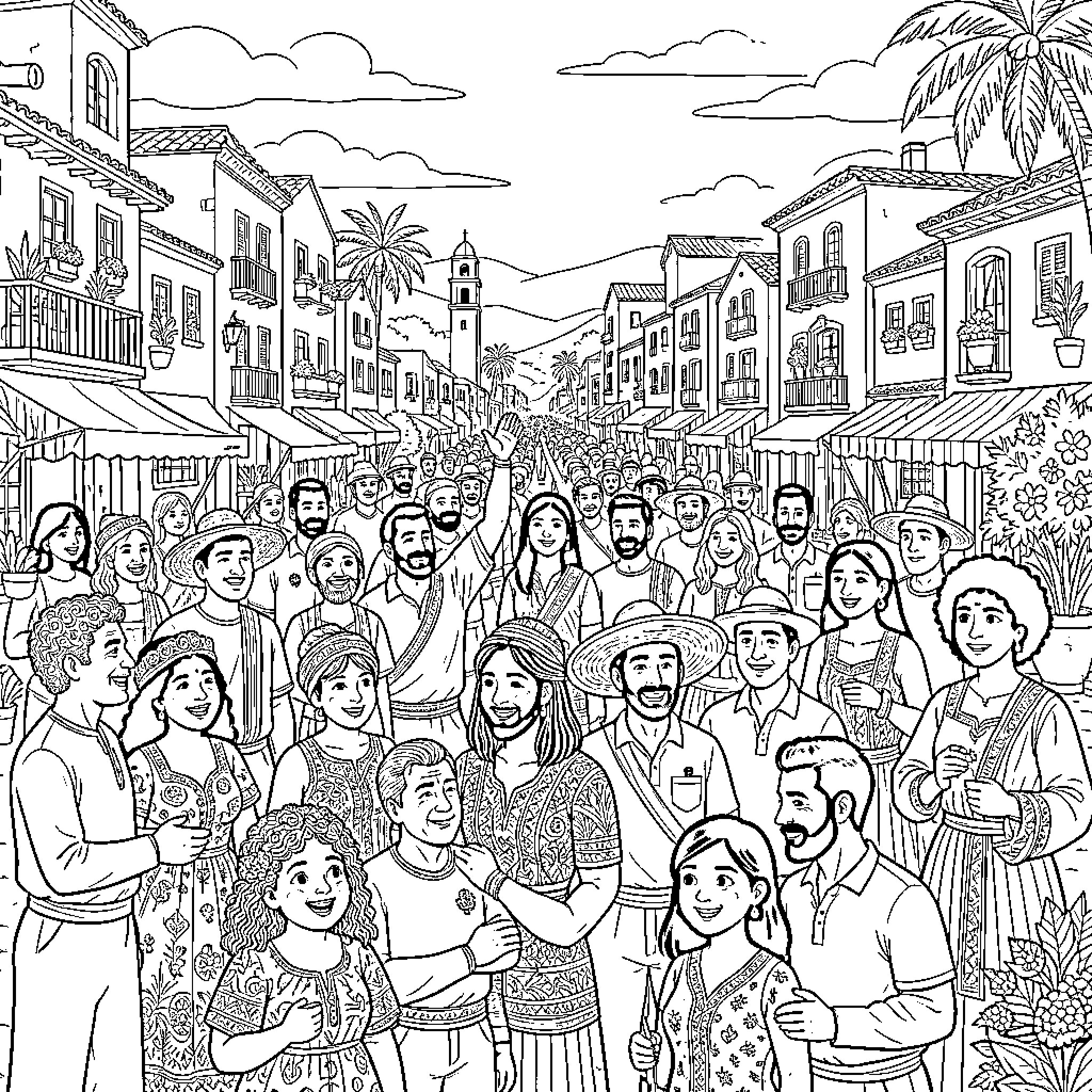 Hispanic World people celebrating in a crowded village street Coloring Page (free black-and-white line drawing printable PDF for all, from beginners to advanced learners, including children, teens, adults, and seniors)