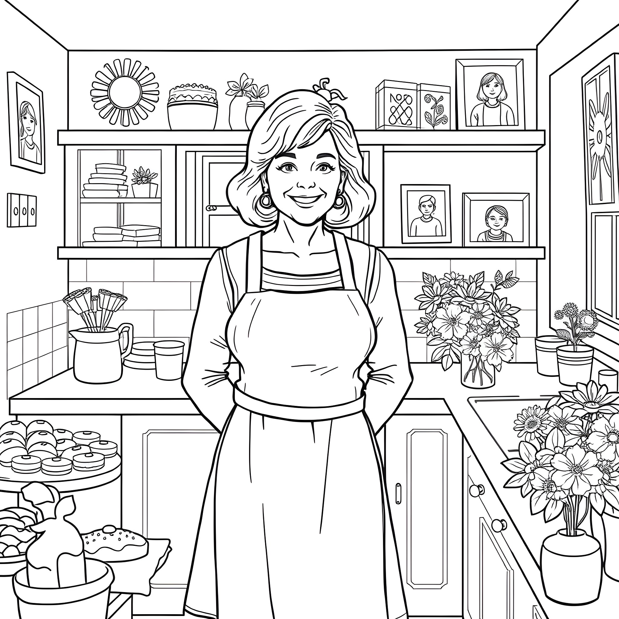 Mrs Brown's cozy kitchen with colorful flowers and baked goods Coloring Page (free black-and-white line drawing printable PDF for all, from beginners to advanced learners, including children, teens, adults, and seniors)
