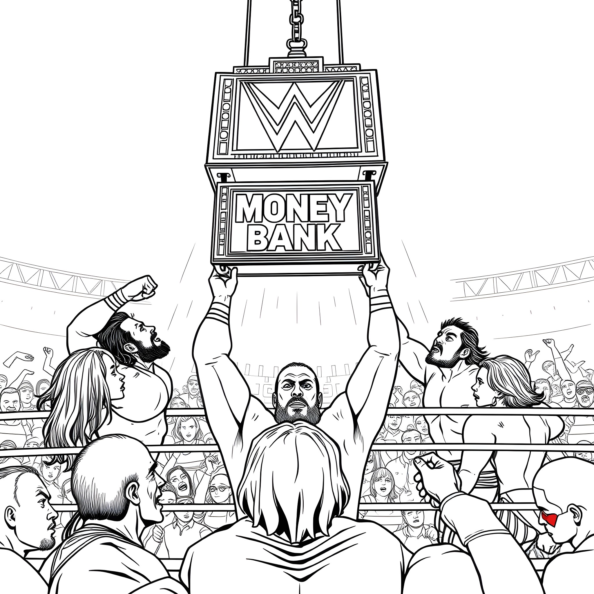 Briefcase raised high in professional wrestling match Coloring Page (free black-and-white line drawing printable PDF for all, from beginners to advanced learners, including children, teens, adults, and seniors)