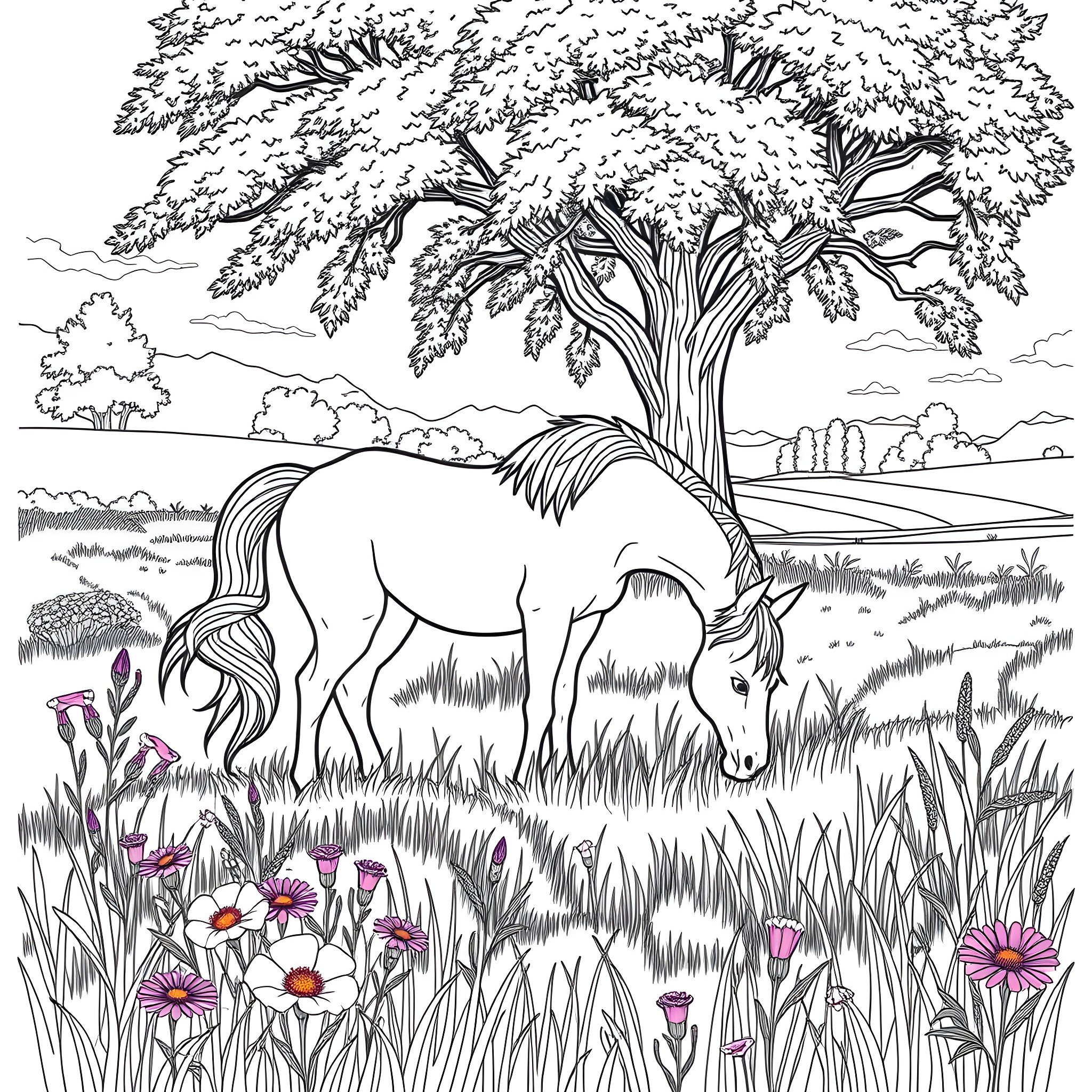 Unicorn grazing peacefully in a lush meadow Coloring Page (free black-and-white line drawing printable PDF for all, from beginners to advanced learners, including children, teens, adults, and seniors)