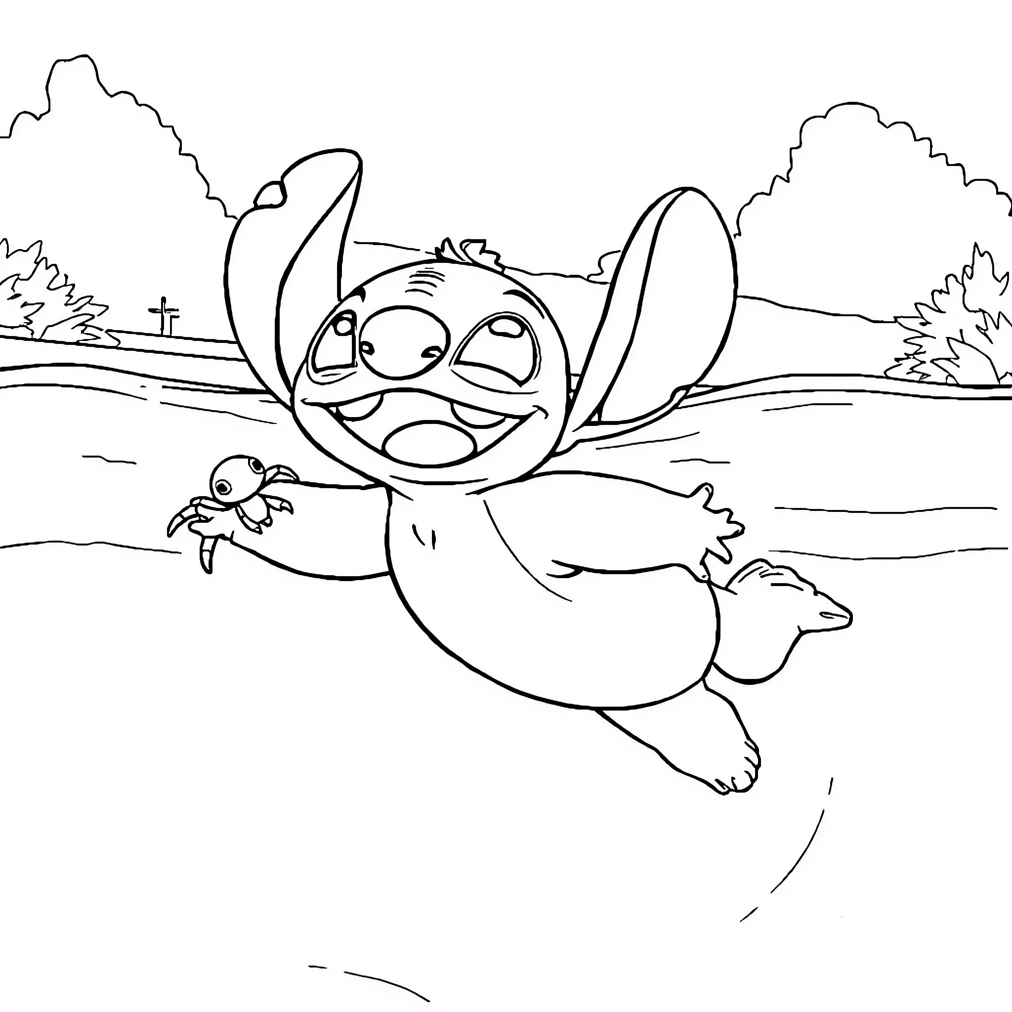 Stitch playing happily in a nature scene Coloring Page (free black-and-white line drawing printable PDF for all, from beginners to advanced learners, including children, teens, adults, and seniors)