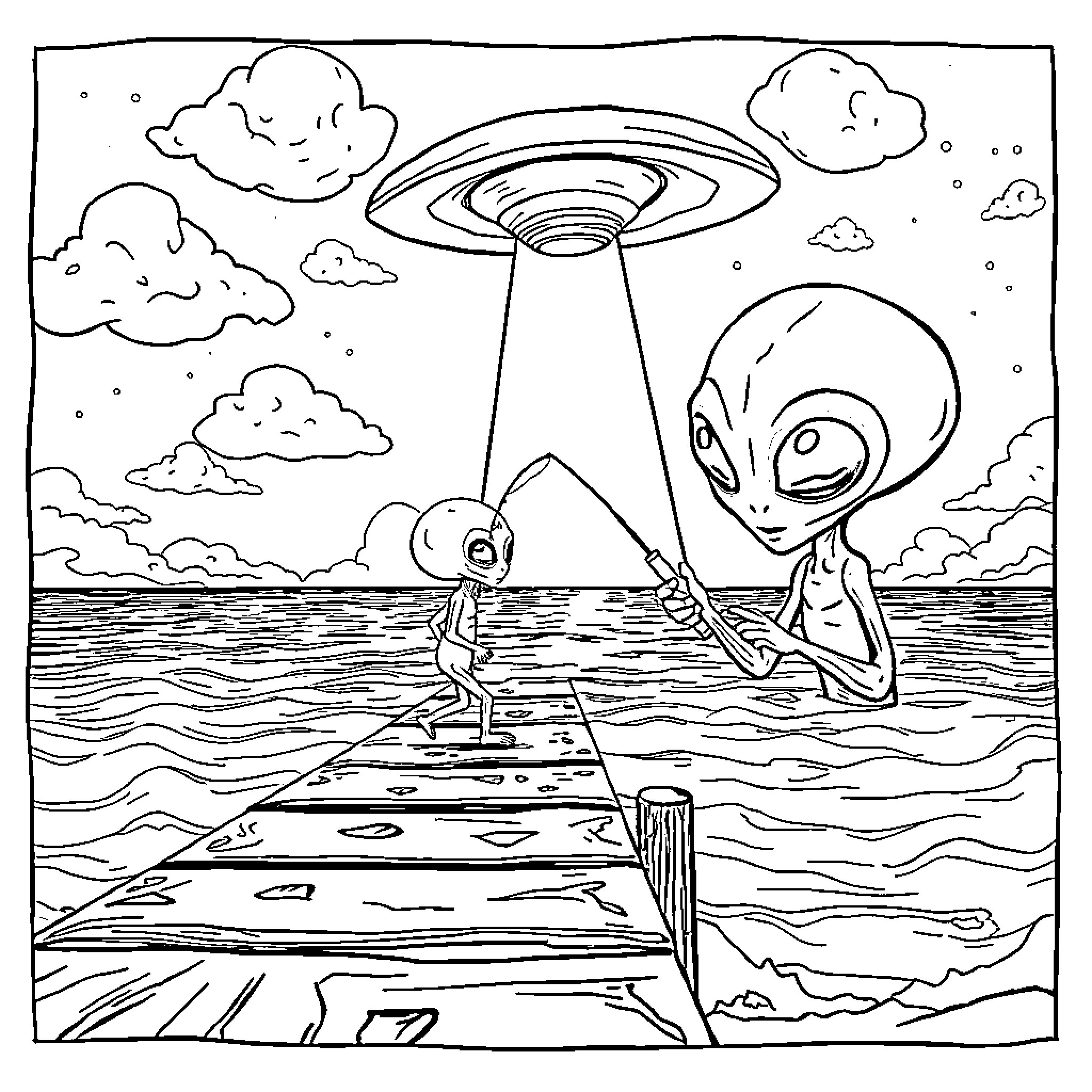 Alien spaceship encounter on the ocean pier Coloring Page (free black-and-white line drawing printable PDF for all, from beginners to advanced learners, including children, teens, adults, and seniors)