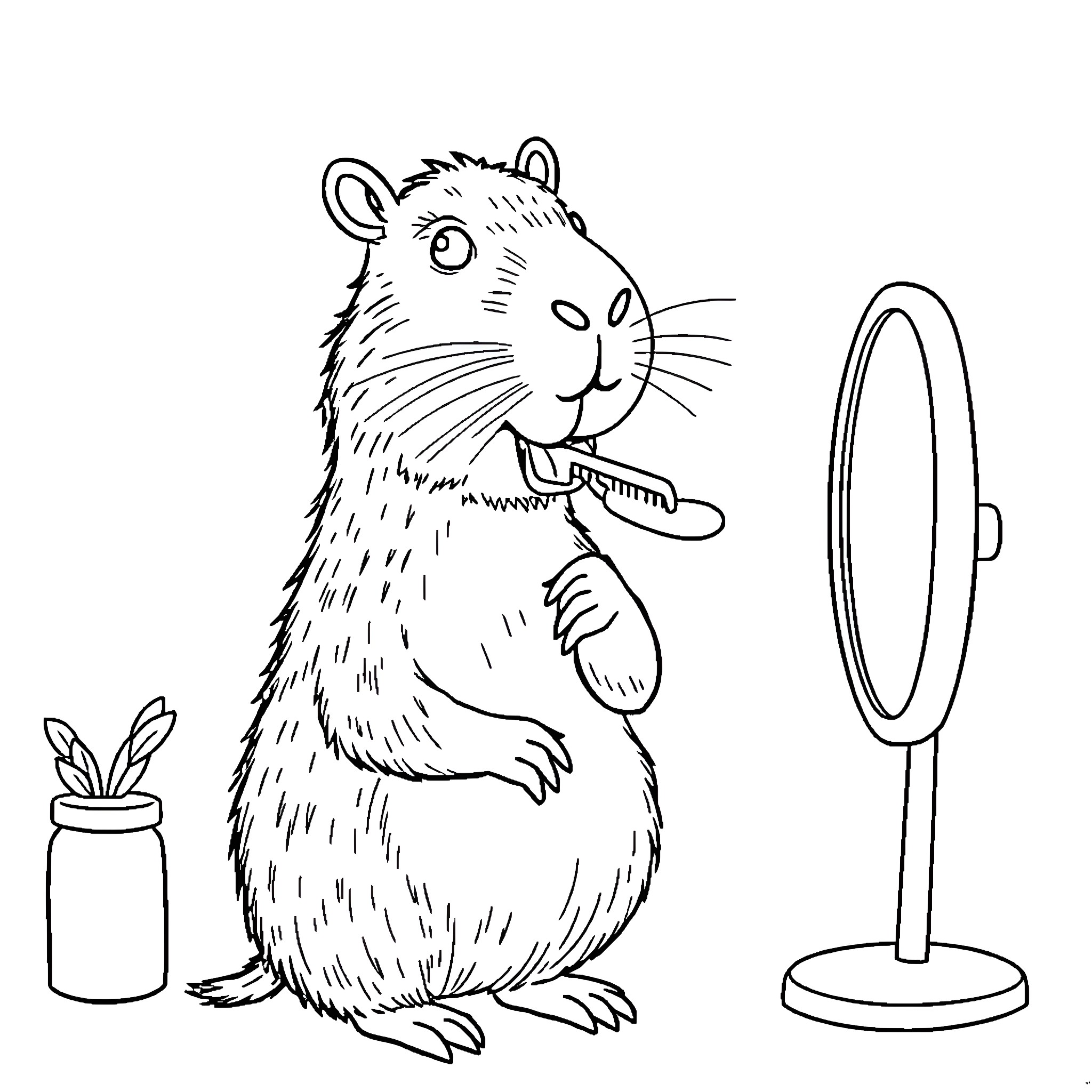 Capybara grooming himself in front of a mirror Coloring Page (free black-and-white line drawing printable PDF for all, from beginners to advanced learners, including children, teens, adults, and seniors)