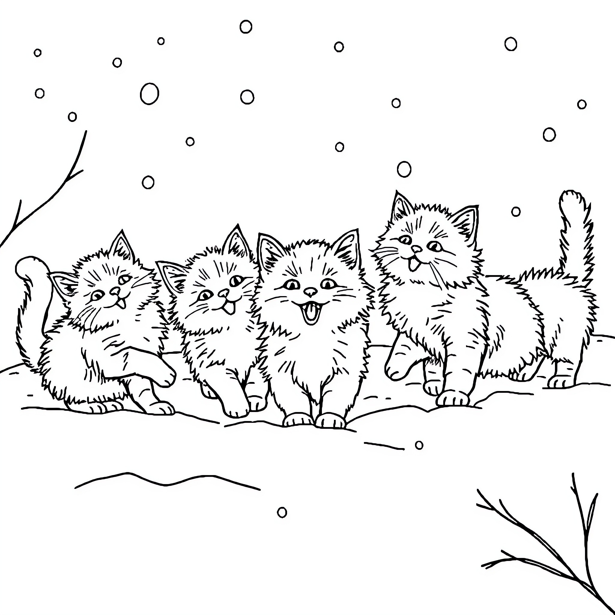 Cat Family playing in the Snow Coloring Page (free black-and-white line drawing printable PDF for all, from beginners to advanced learners, including children, teens, adults, and seniors)