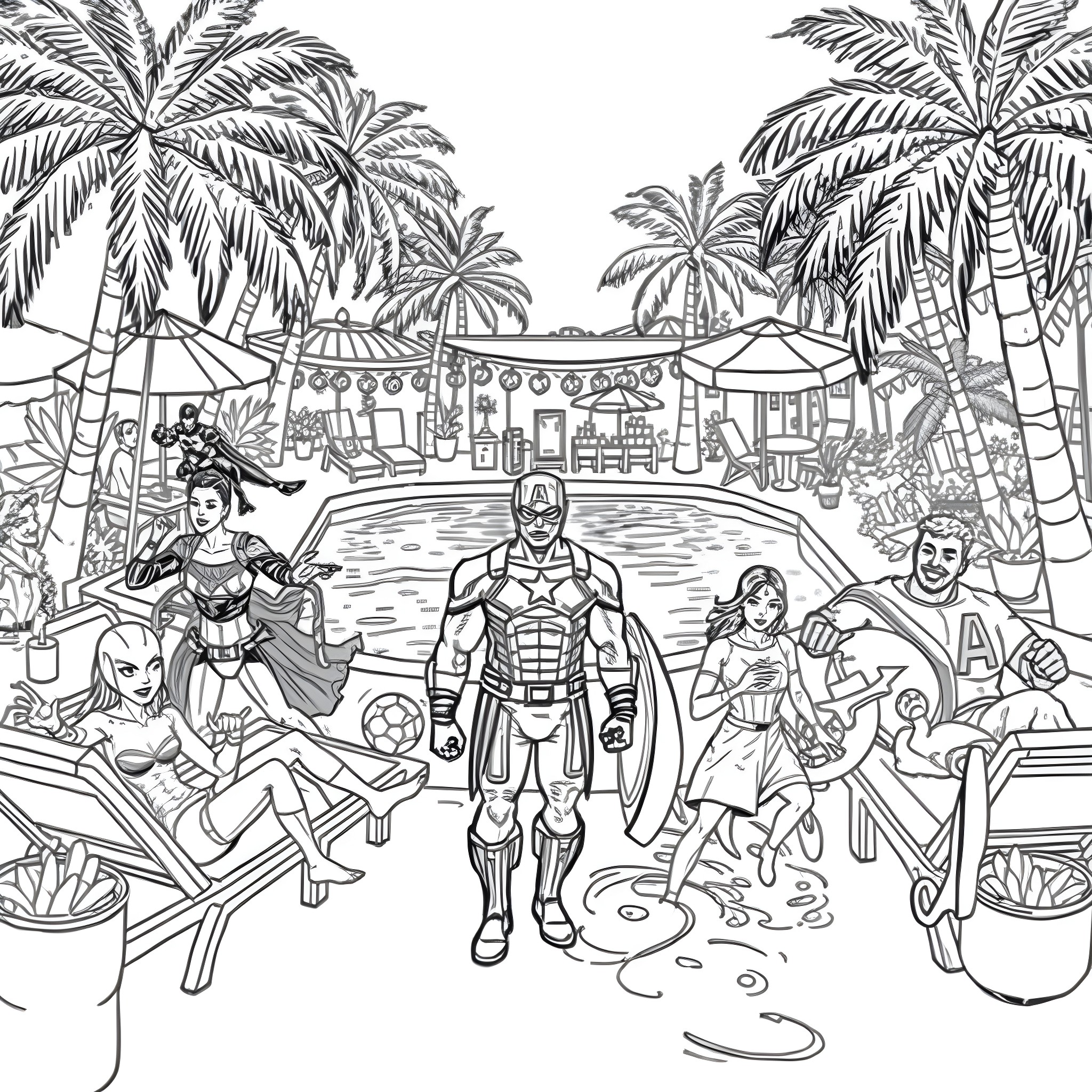 Avenger heroes enjoying a tropical beach vacation Coloring Page (free black-and-white line drawing printable PDF for all, from beginners to advanced learners, including children, teens, adults, and seniors)