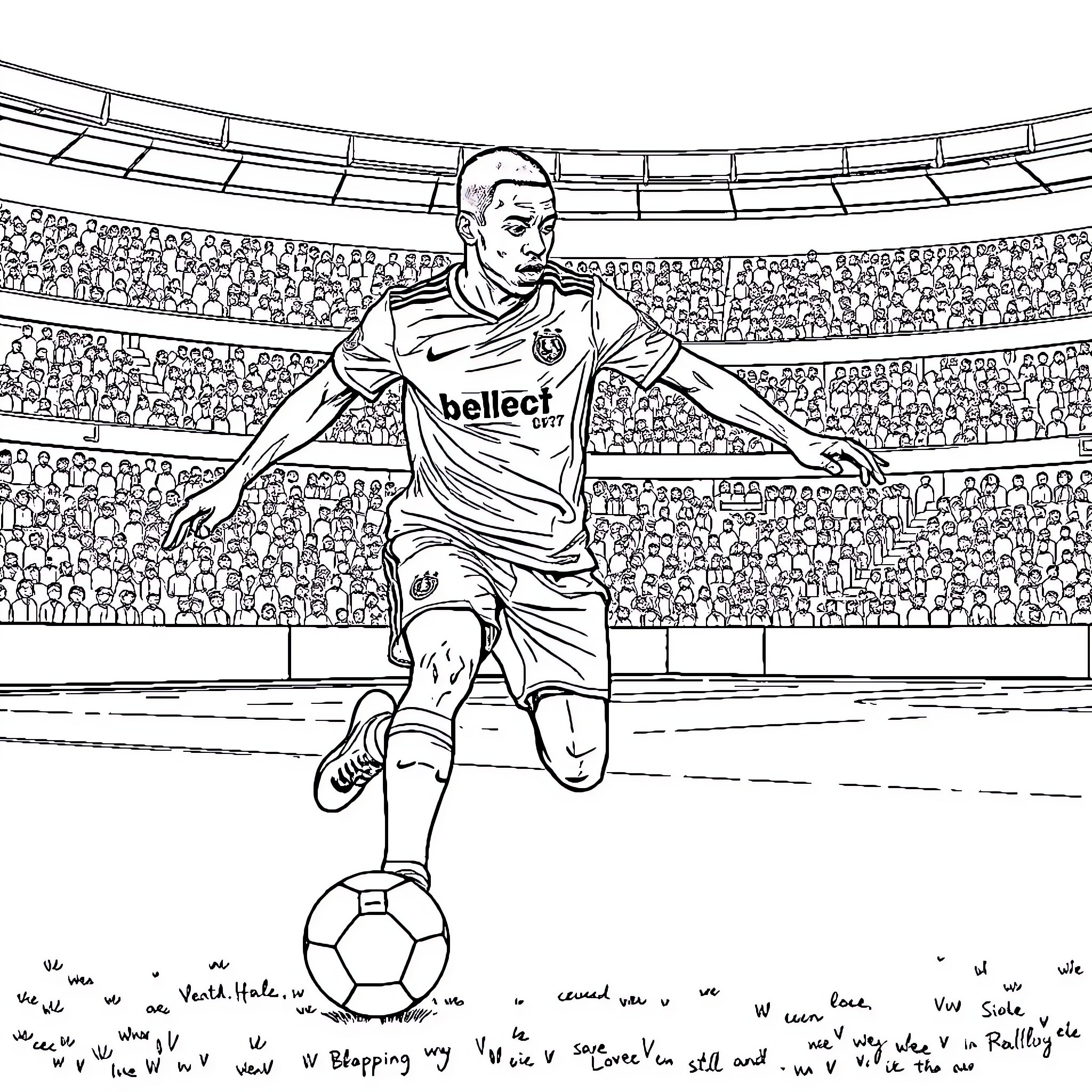 Mbappe Celebrates Goal in Crowded Stadium Coloring Page (free black-and-white line drawing printable PDF for all, from beginners to advanced learners, including children, teens, adults, and seniors)