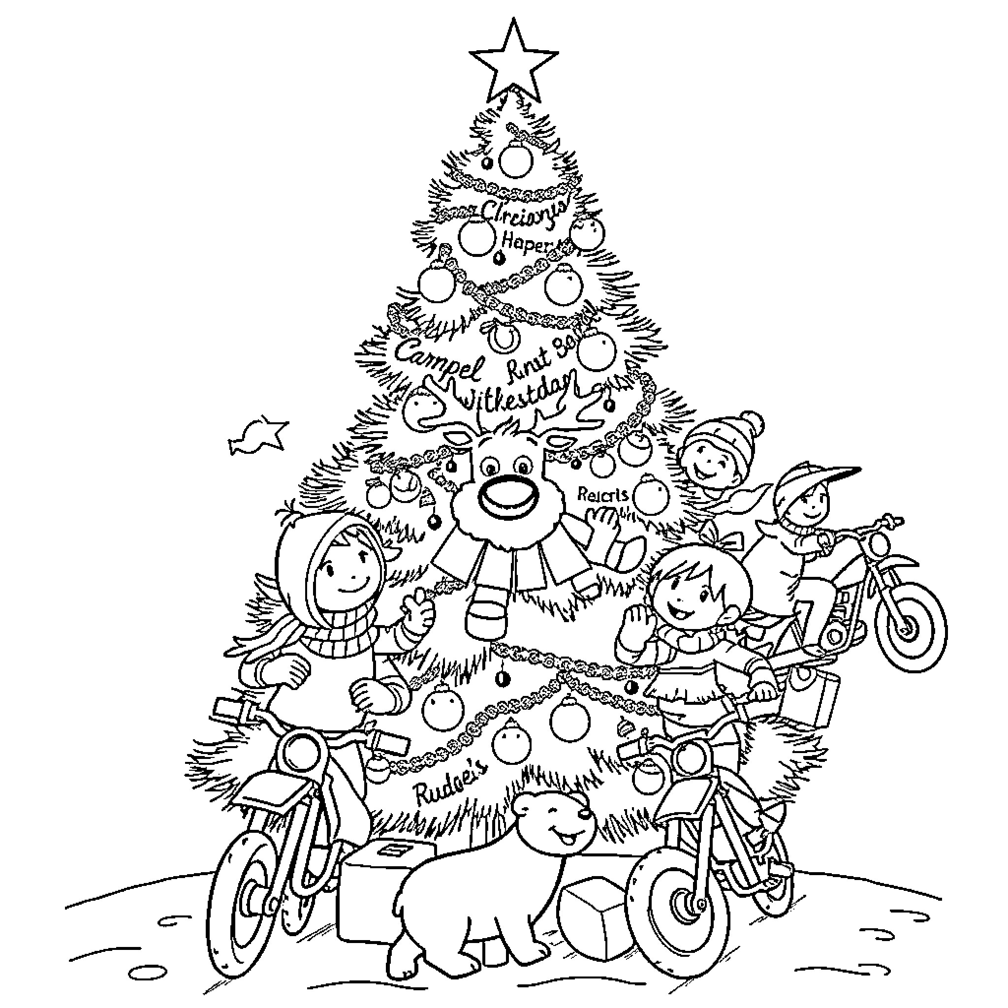 Christmas Tree with Festive Decorations and Joyful Children Coloring Page (free black-and-white line drawing printable PDF for all, from beginners to advanced learners, including children, teens, adults, and seniors)