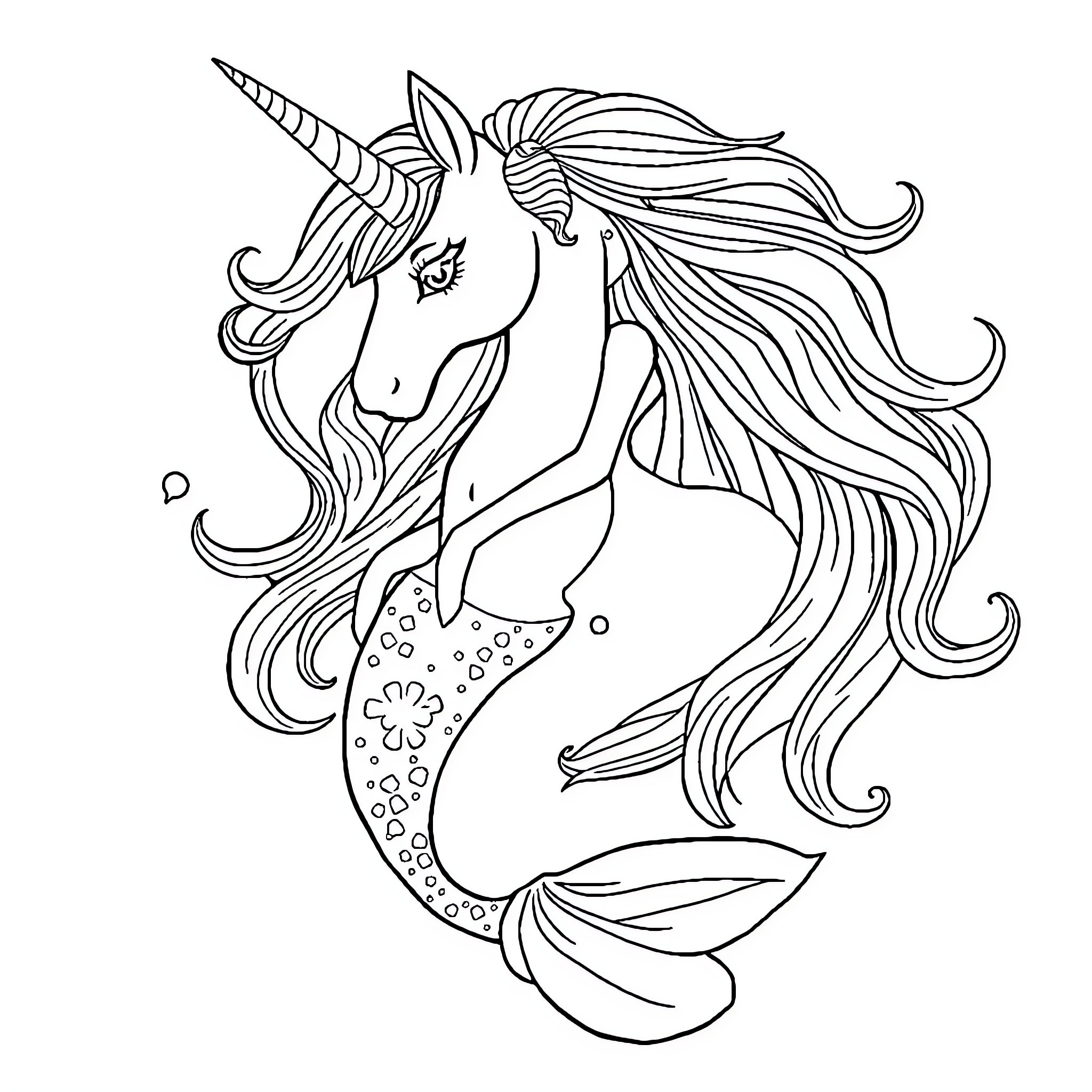 Unicorn Mermaid Barbie poses gracefully in the water Coloring Page (free black-and-white line drawing printable PDF for all, from beginners to advanced learners, including children, teens, adults, and seniors)