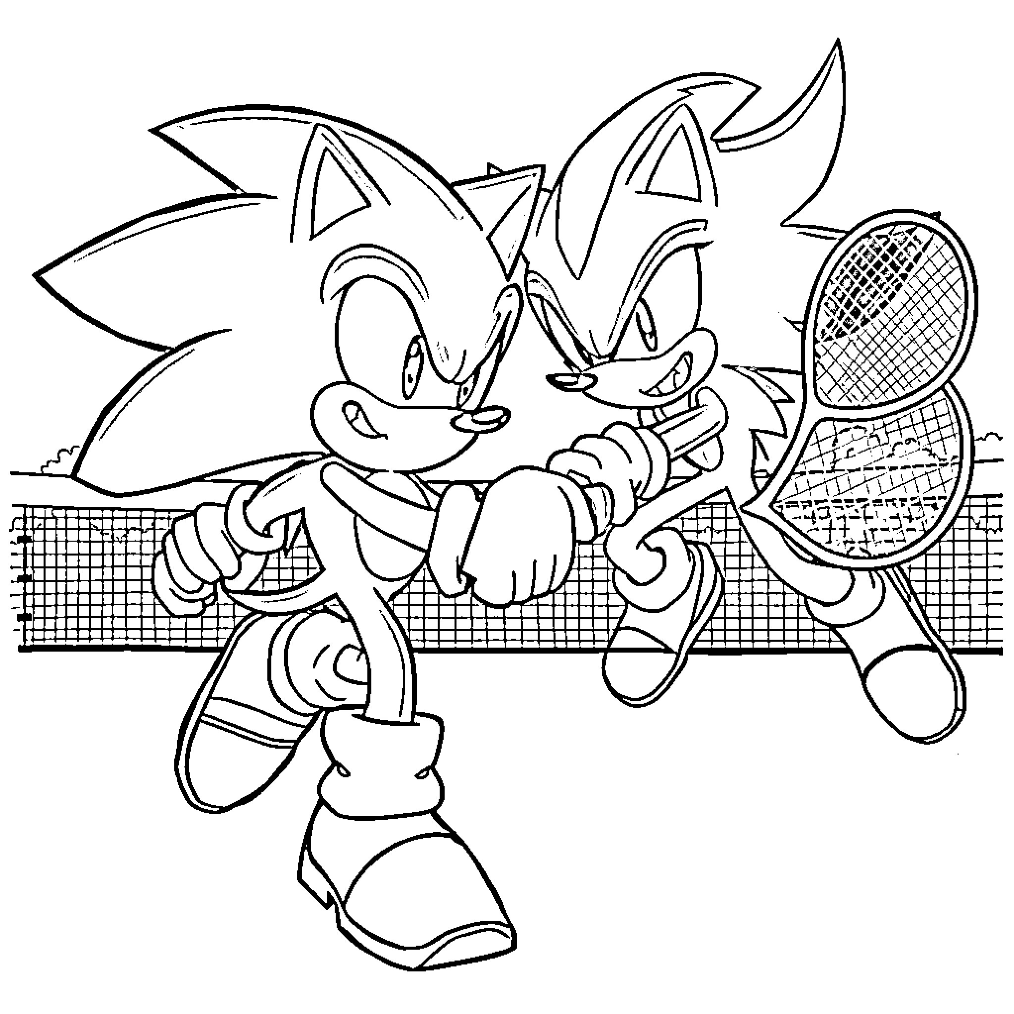 Sonic characters playing tennis on the court Coloring Page (free black-and-white line drawing printable PDF for all, from beginners to advanced learners, including children, teens, adults, and seniors)