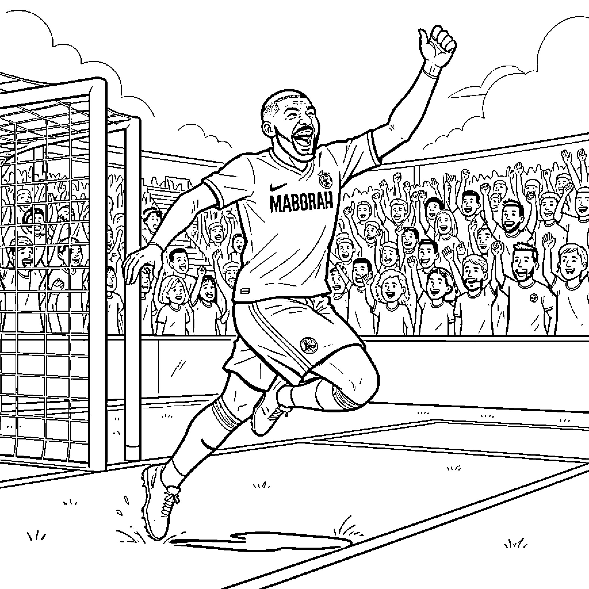 Mbappe celebrating a goal with an excited expression Coloring Page (free black-and-white line drawing printable PDF for all, from beginners to advanced learners, including children, teens, adults, and seniors)