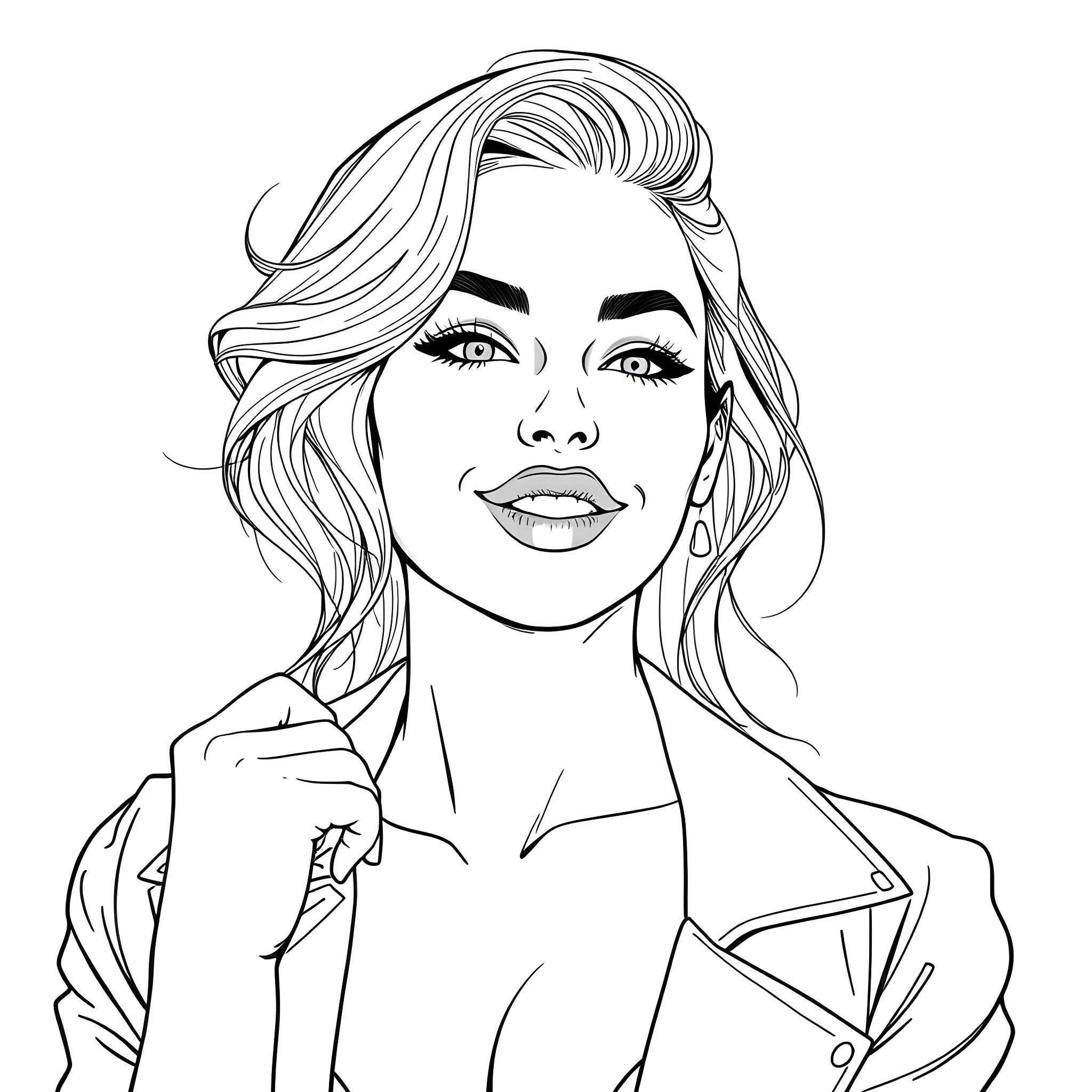 Woman with stylish wavy hairstyle and confident expression Coloring Page (free black-and-white line drawing printable PDF for all, from beginners to advanced learners, including children, teens, adults, and seniors)