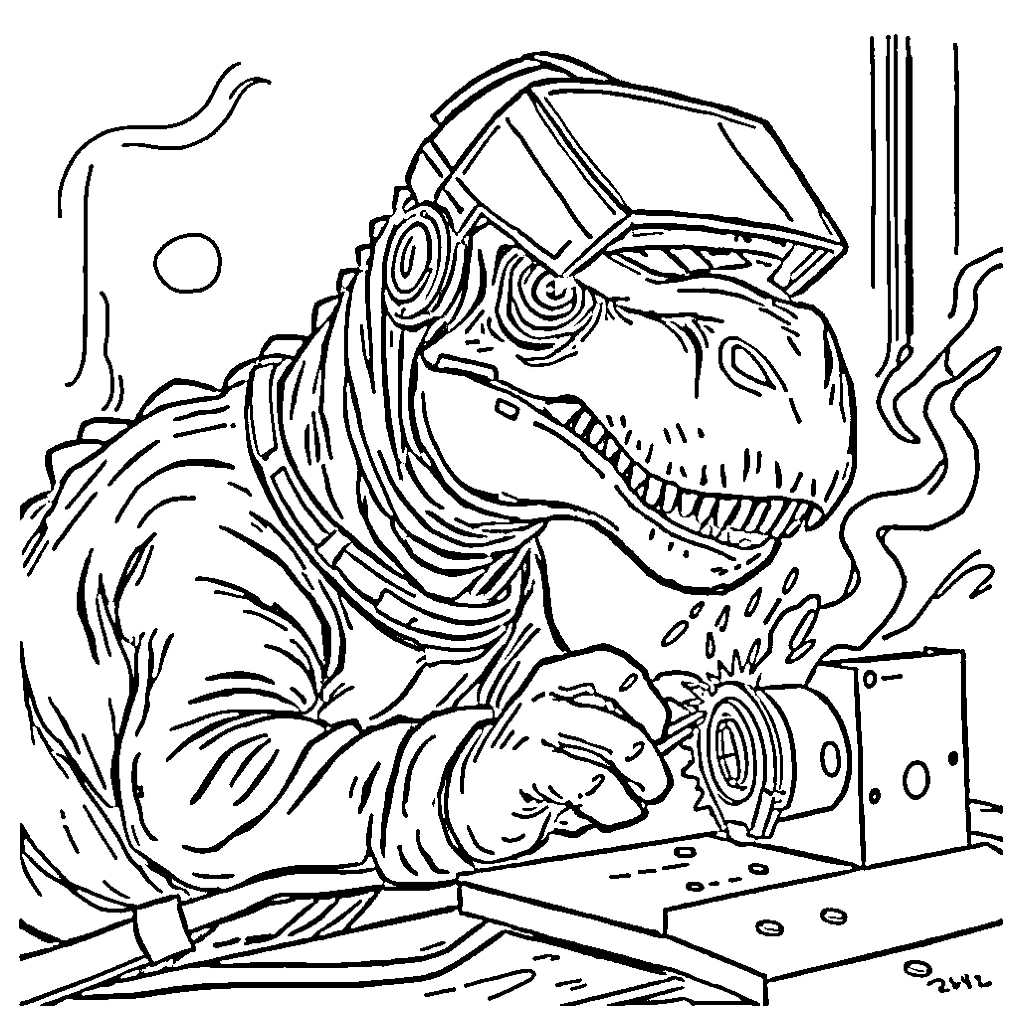 Dinosaur Unleashed in Virtual Reality Coloring Page (free black-and-white line drawing printable PDF for all, from beginners to advanced learners, including children, teens, adults, and seniors)