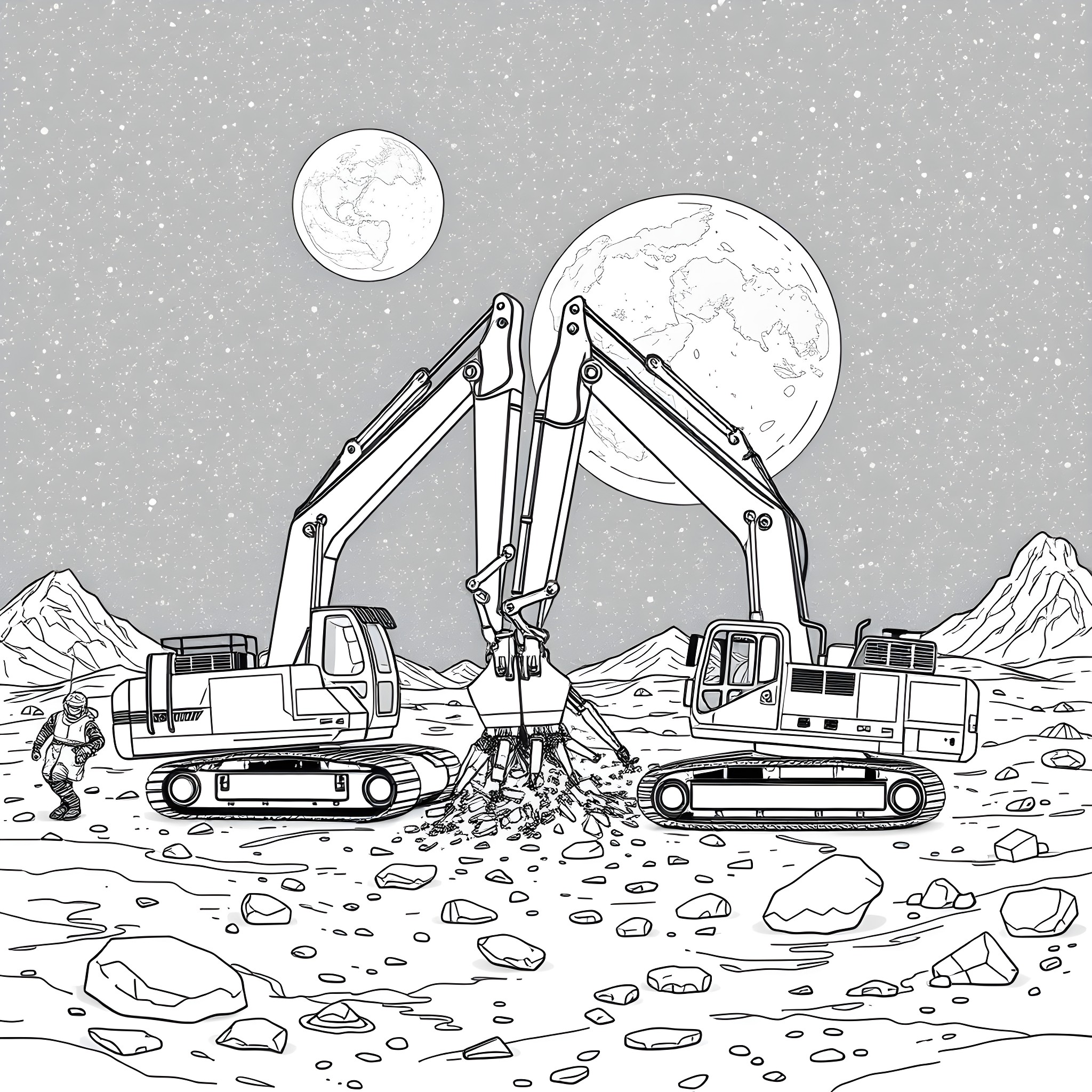 Excavator machines at work in a remote moonscape Coloring Page (free black-and-white line drawing printable PDF for all, from beginners to advanced learners, including children, teens, adults, and seniors)