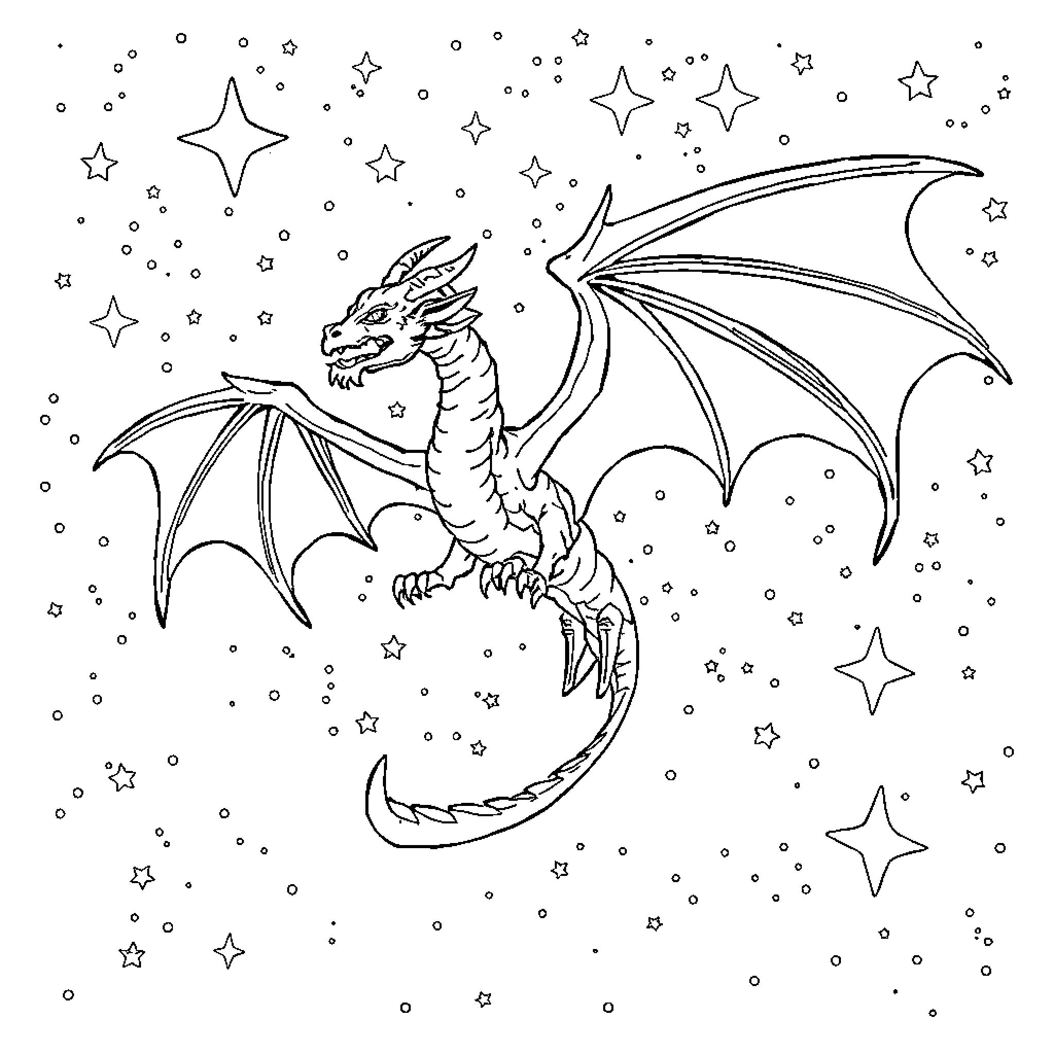Dragon soaring through starry night sky Coloring Page (free black-and-white line drawing printable PDF for all, from beginners to advanced learners, including children, teens, adults, and seniors)