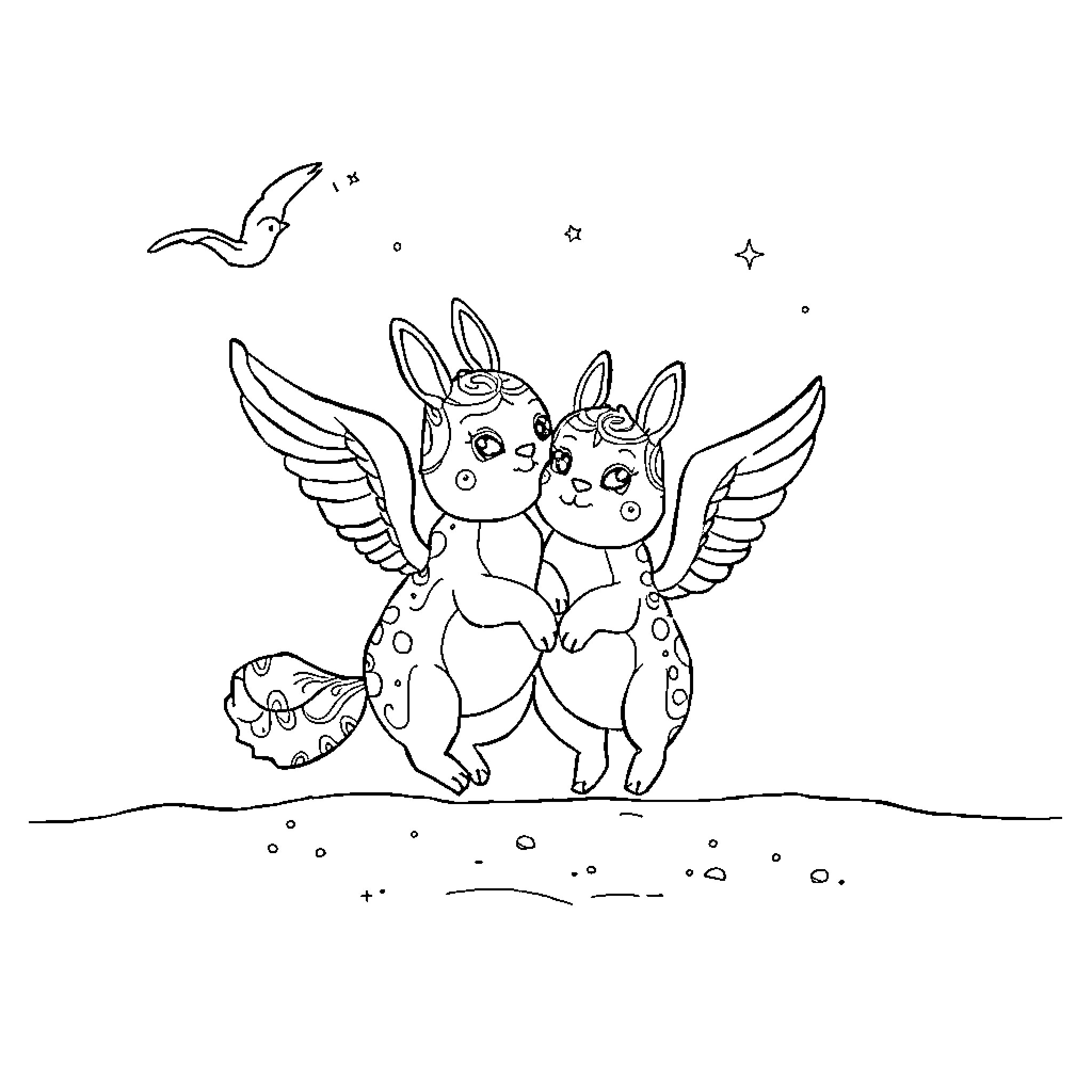 Rățușcă winged bunnies frolicking under the stars Coloring Page (free black-and-white line drawing printable PDF for all, from beginners to advanced learners, including children, teens, adults, and seniors)