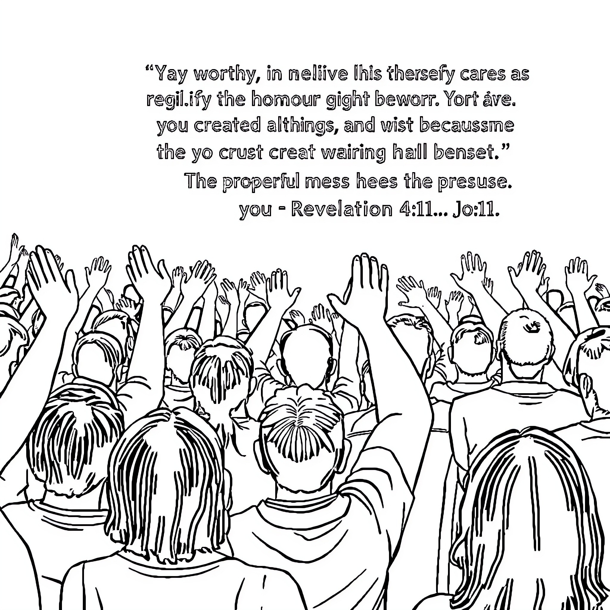 Bible Verse Depicting a Crowd Praising and Worshipping Coloring Page (free black-and-white line drawing printable PDF for all, from beginners to advanced learners, including children, teens, adults, and seniors)