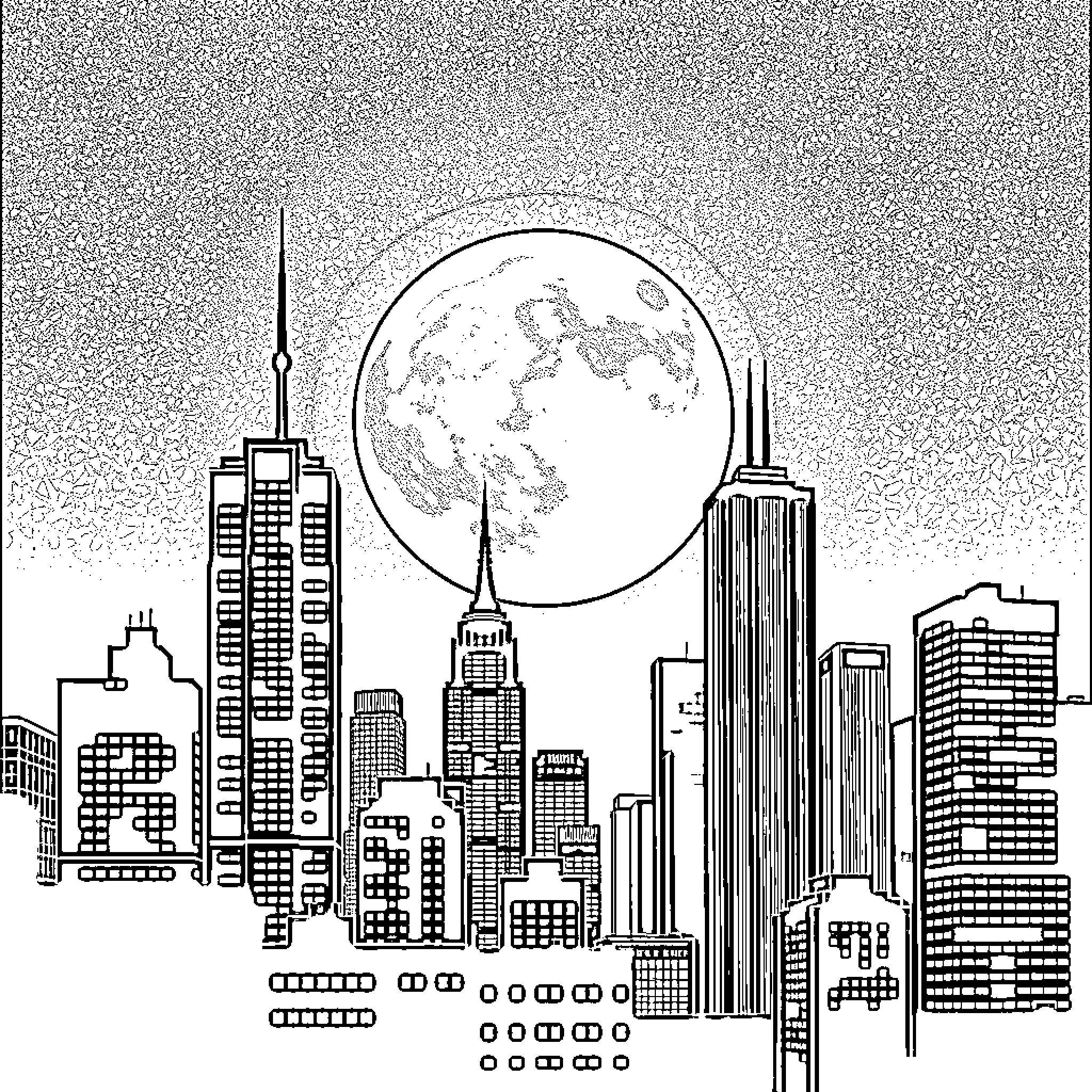 City under the Glow of a Radiant Moon Coloring Page (free black-and-white line drawing printable PDF for all, from beginners to advanced learners, including children, teens, adults, and seniors)