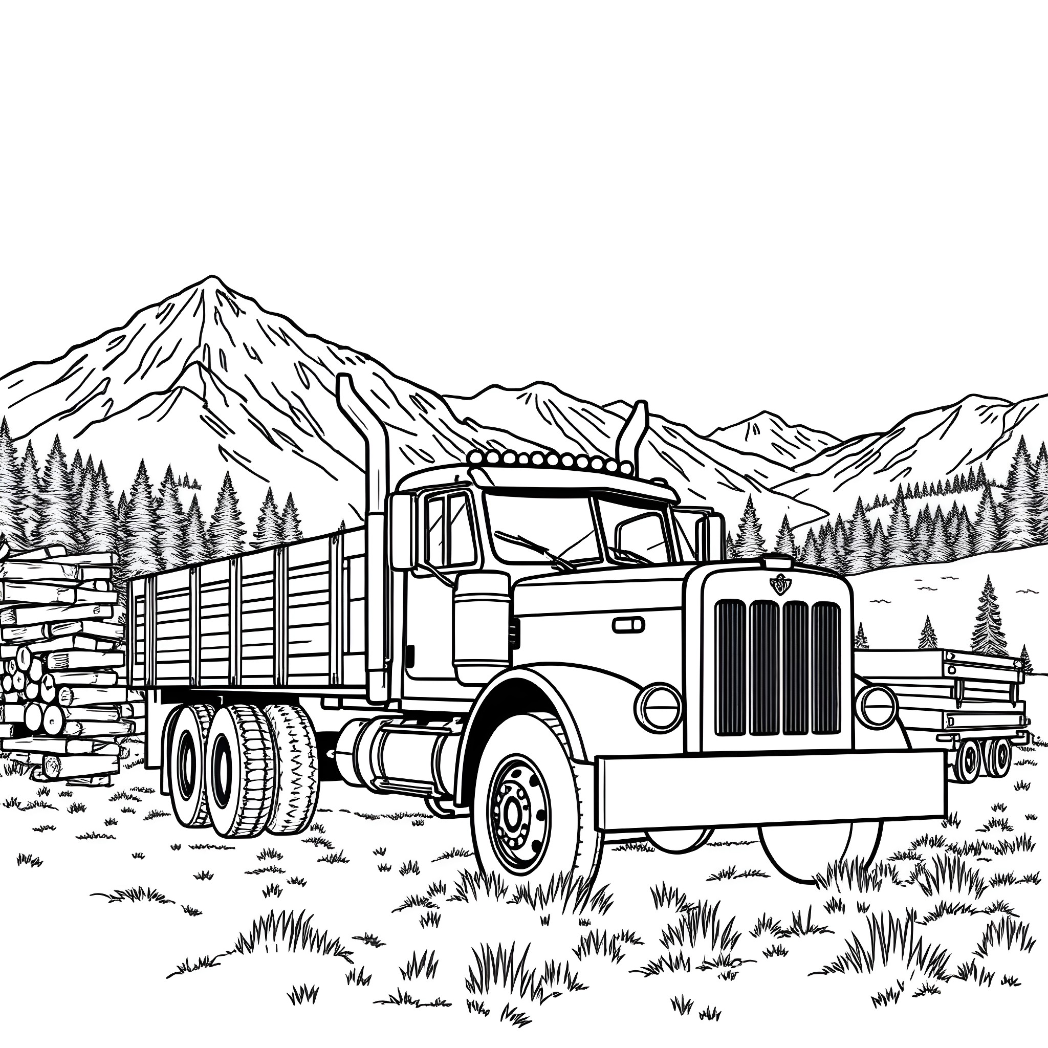 Flatbed Truck Transporting Lumber in Mountain Landscape Coloring Page (free black-and-white line drawing printable PDF for all, from beginners to advanced learners, including children, teens, adults, and seniors)
