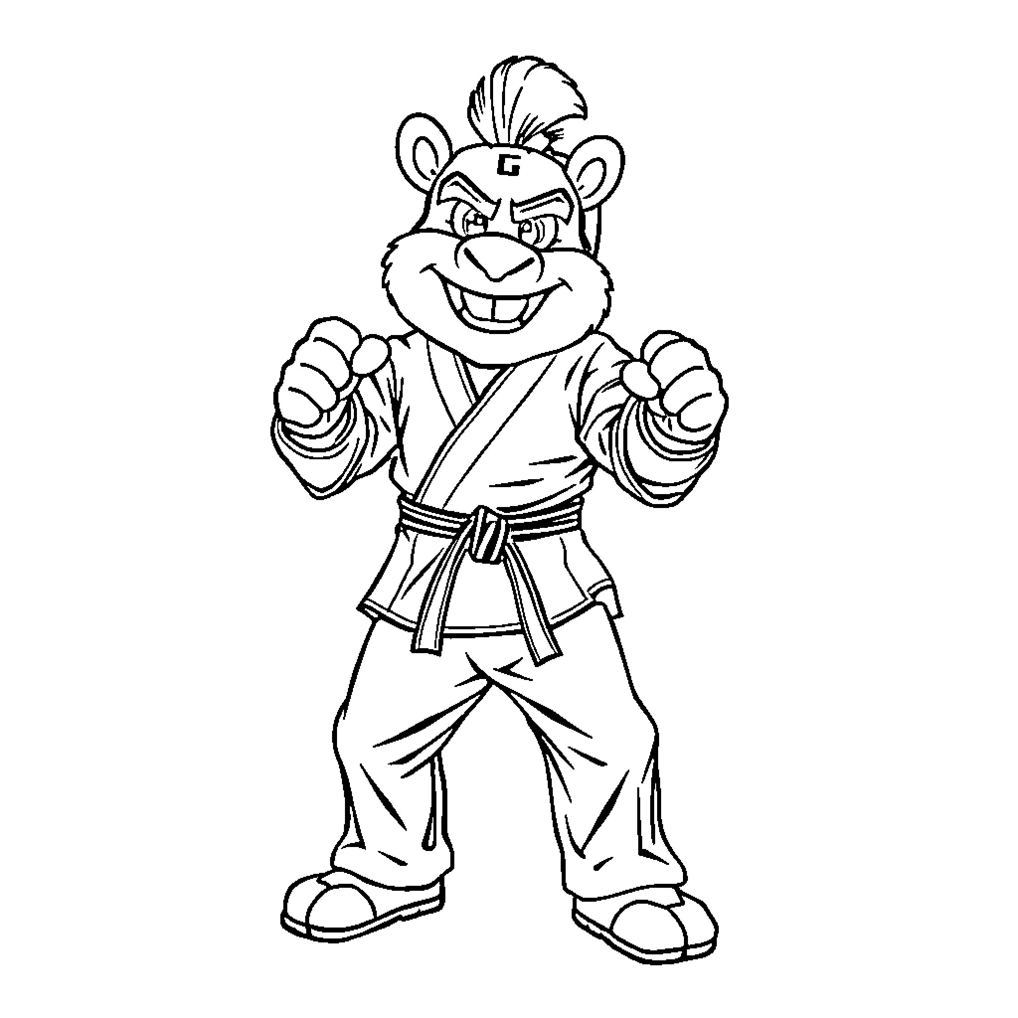 Sparty the Martial Artist in Training Coloring Page (free black-and-white line drawing printable PDF for all, from beginners to advanced learners, including children, teens, adults, and seniors)