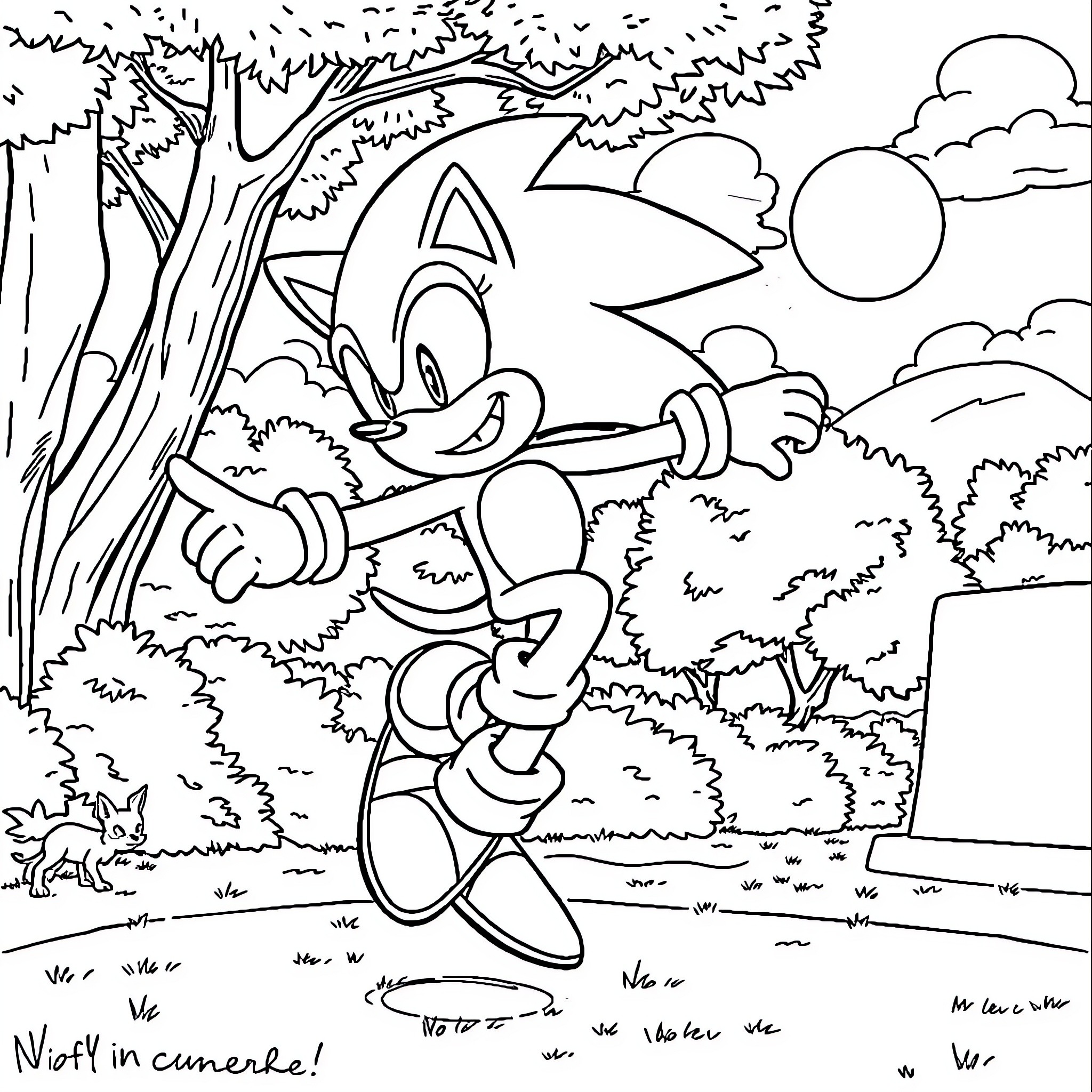 Sonic's Exciting Outdoor Adventure Coloring Page (free black-and-white line drawing printable PDF for all, from beginners to advanced learners, including children, teens, adults, and seniors)