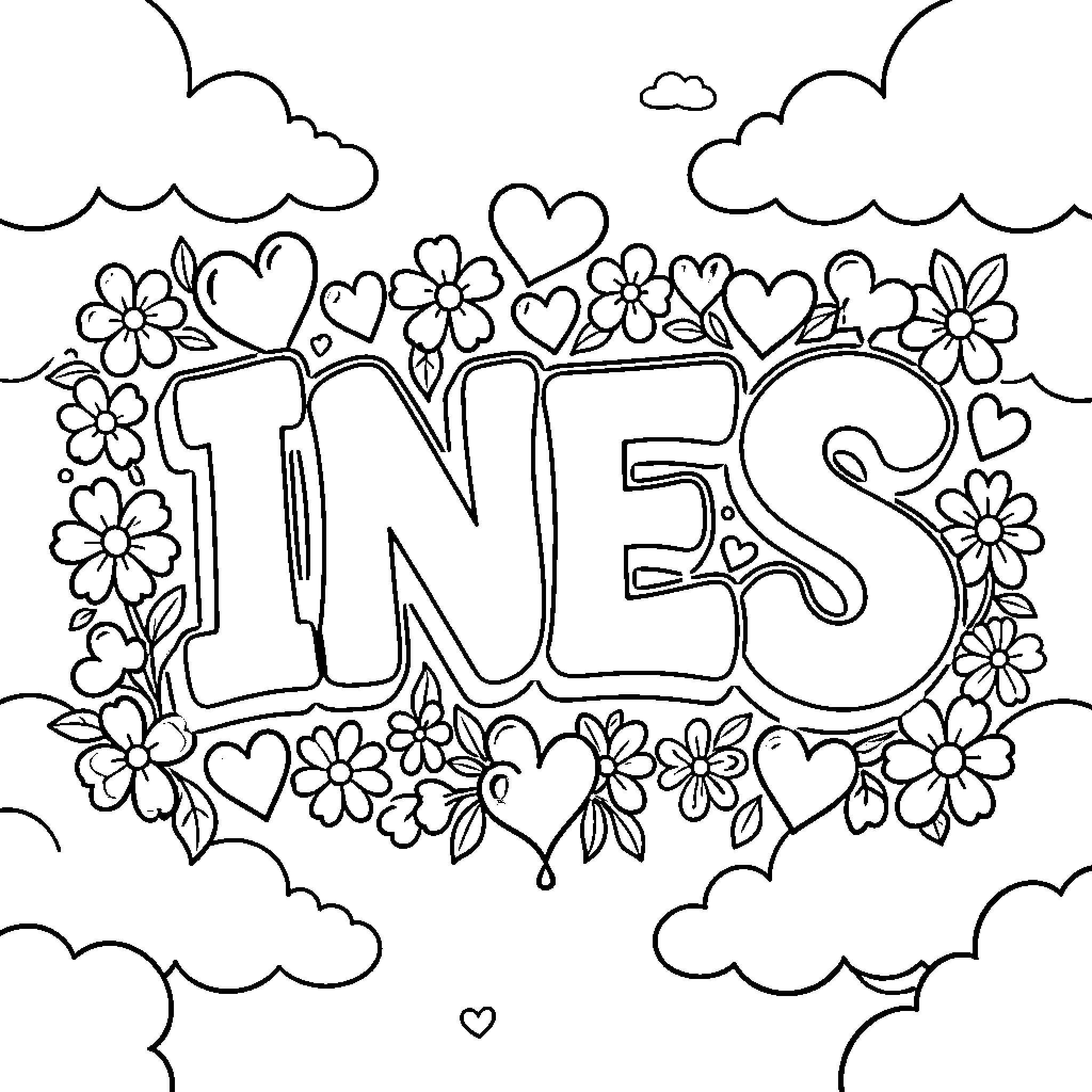 Graffiti with flowers and hearts in the sky Coloring Page (free black-and-white line drawing printable PDF for all, from beginners to advanced learners, including children, teens, adults, and seniors)