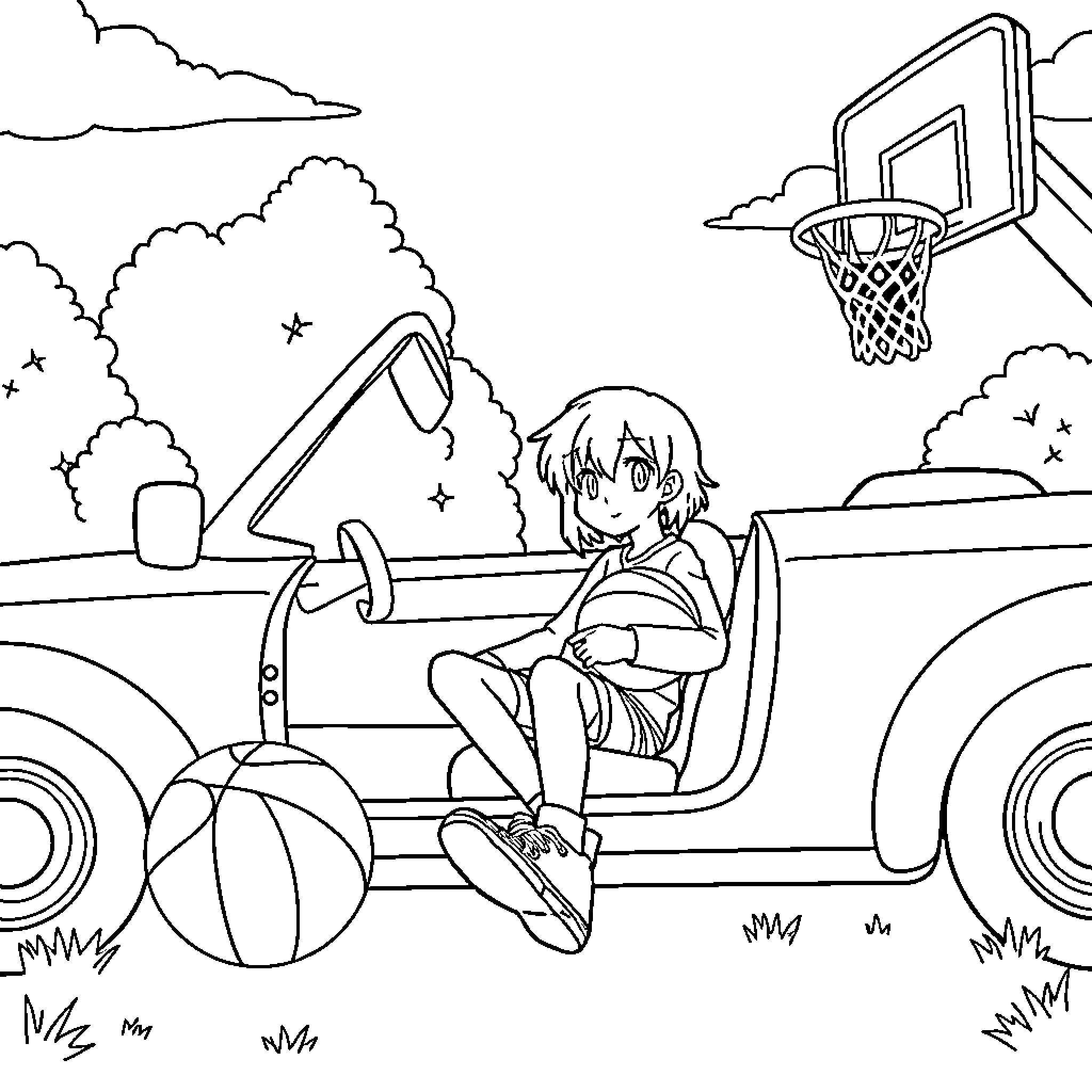 Anime Character enjoying outdoor sports activities Coloring Page (free black-and-white line drawing printable PDF for all, from beginners to advanced learners, including children, teens, adults, and seniors)