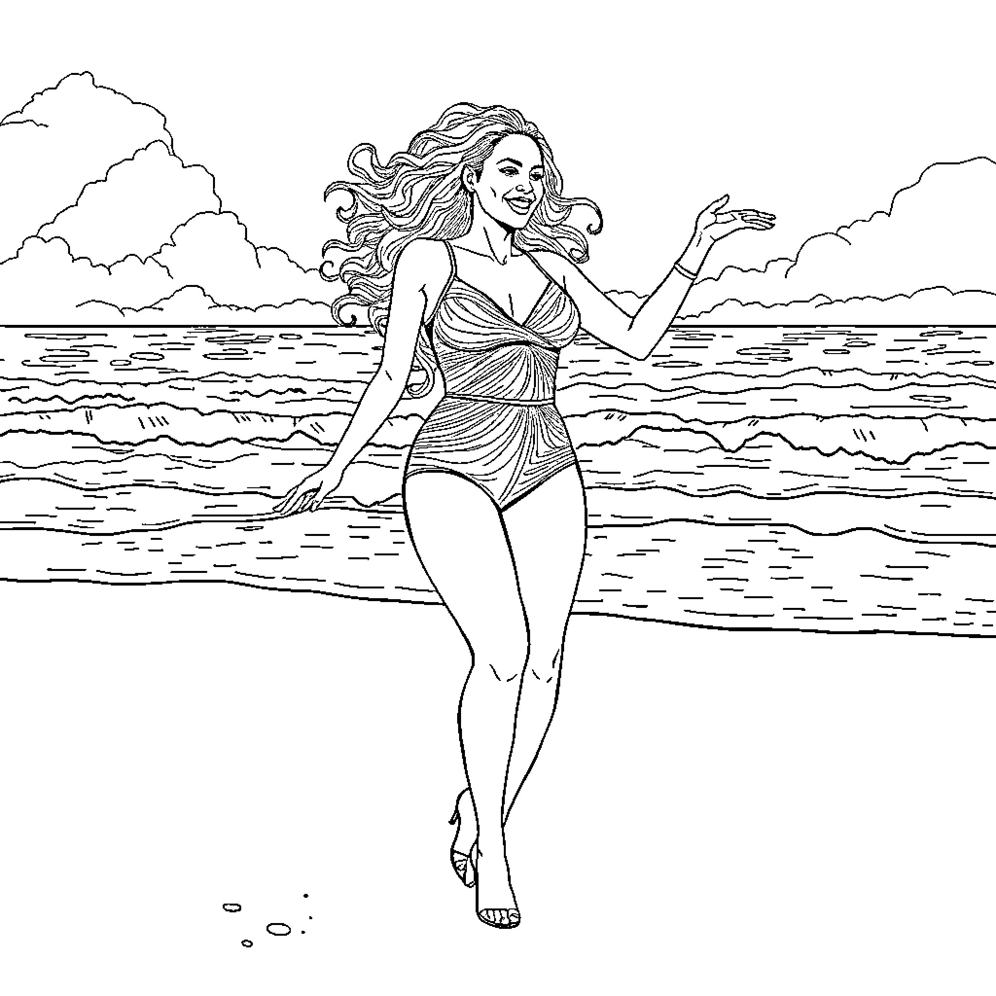 Beyonce posing confidently in a swimsuit on the beach Coloring Page (free black-and-white line drawing printable PDF for all, from beginners to advanced learners, including children, teens, adults, and seniors)