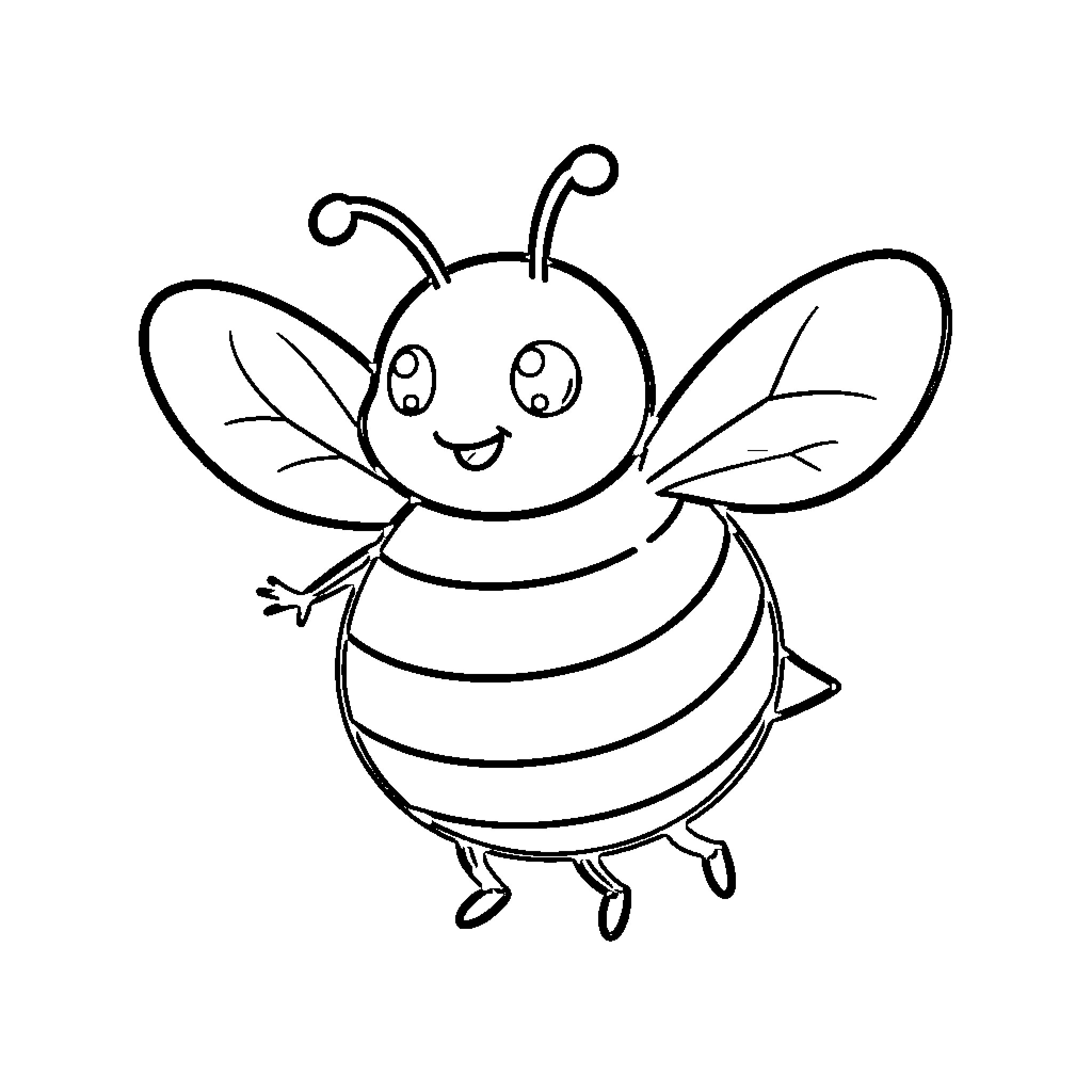 Bee smiling and flying with spread wings Coloring Page (free black-and-white line drawing printable PDF for all, from beginners to advanced learners, including children, teens, adults, and seniors)