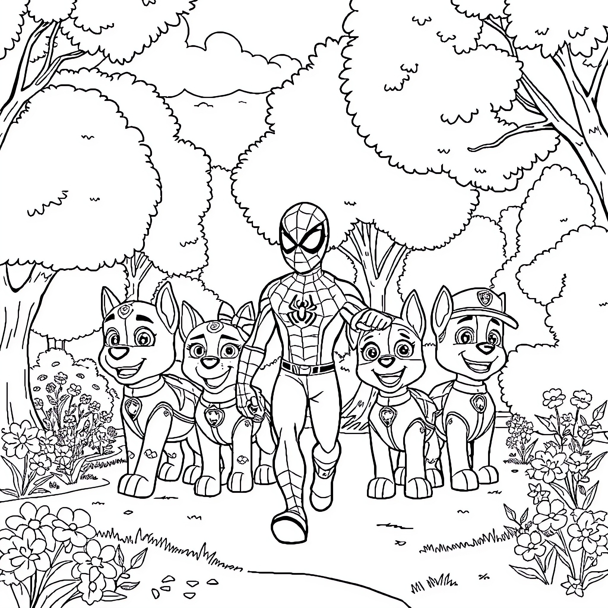 Spiderman and Paw Patrol team up in the forest Coloring Page (free black-and-white line drawing printable PDF for all, from beginners to advanced learners, including children, teens, adults, and seniors)