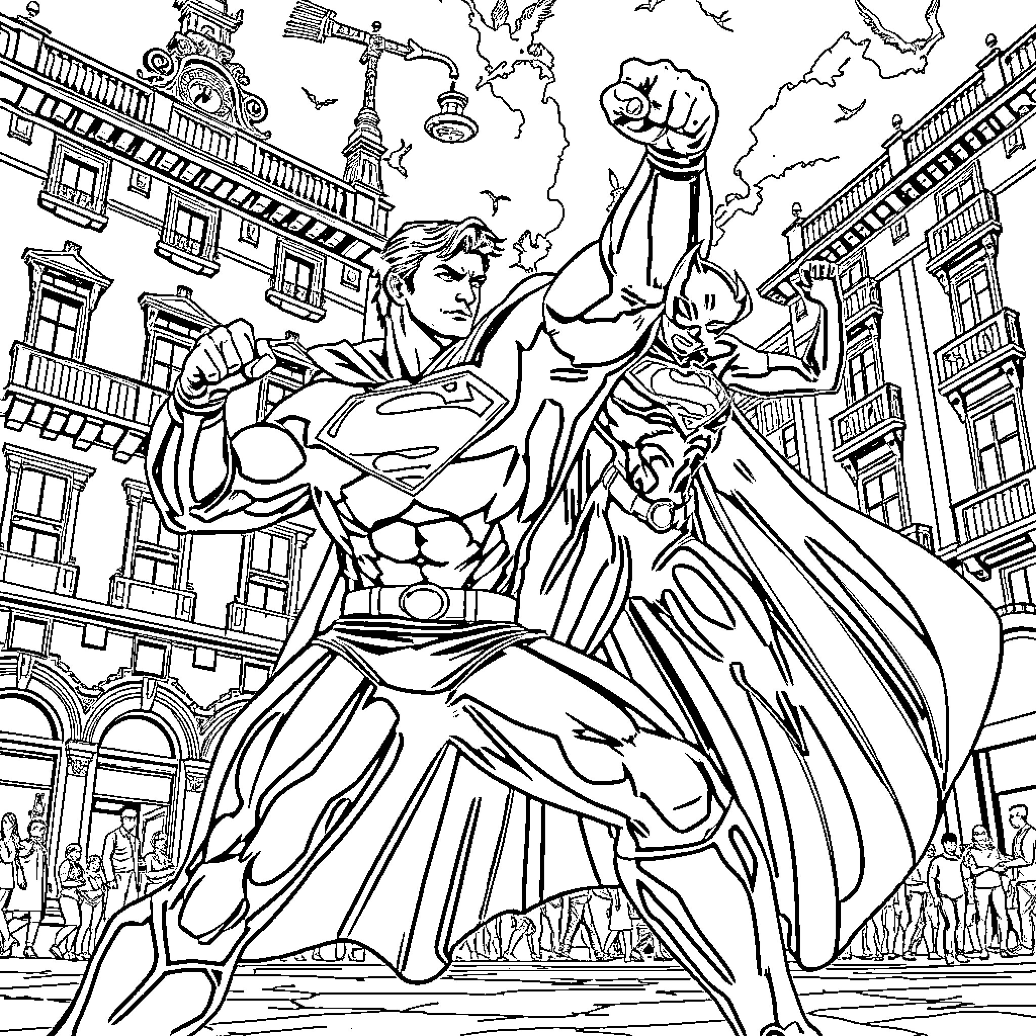 Superman Heroically Saving the City Coloring Page (free black-and-white line drawing printable PDF for all, from beginners to advanced learners, including children, teens, adults, and seniors)