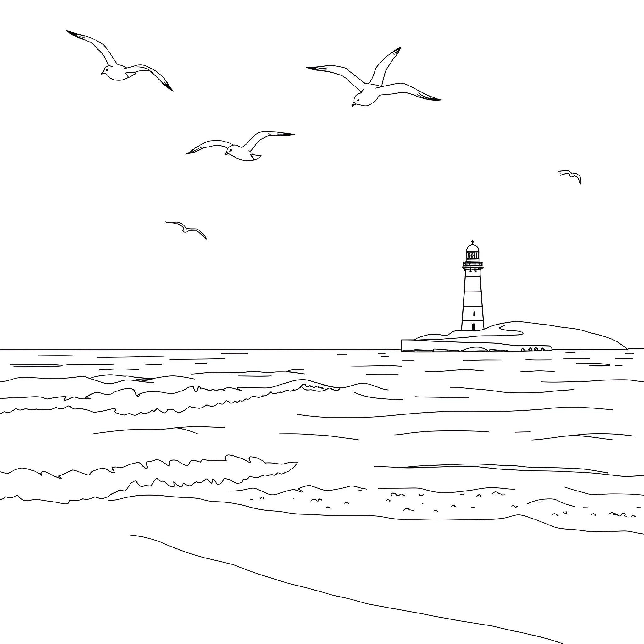 Sea birds soaring over the lighthouse Coloring Page (free black-and-white line drawing printable PDF for all, from beginners to advanced learners, including children, teens, adults, and seniors)