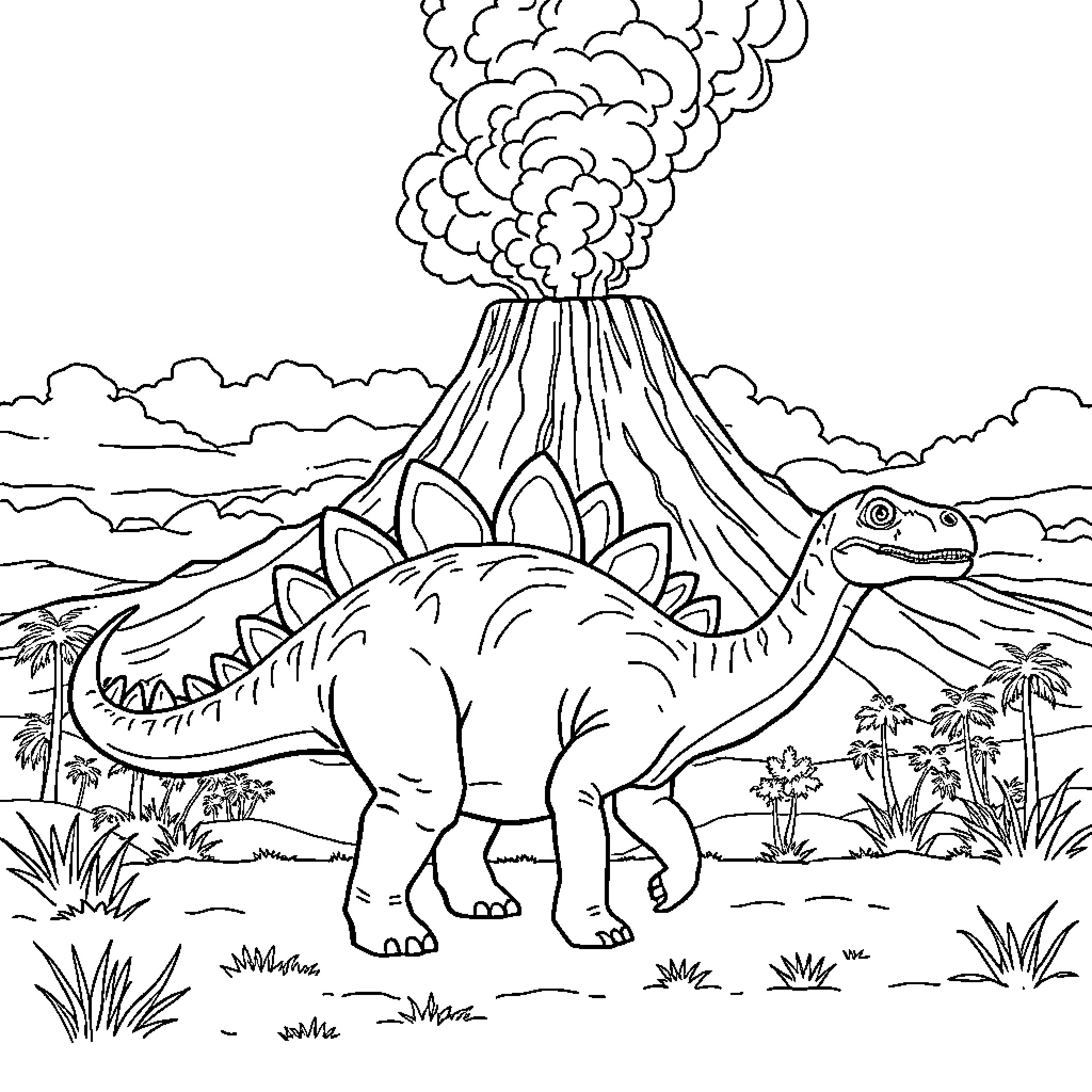 Stegosaurus in Prehistoric Landscape Coloring Page (free black-and-white line drawing printable PDF for all, from beginners to advanced learners, including children, teens, adults, and seniors)