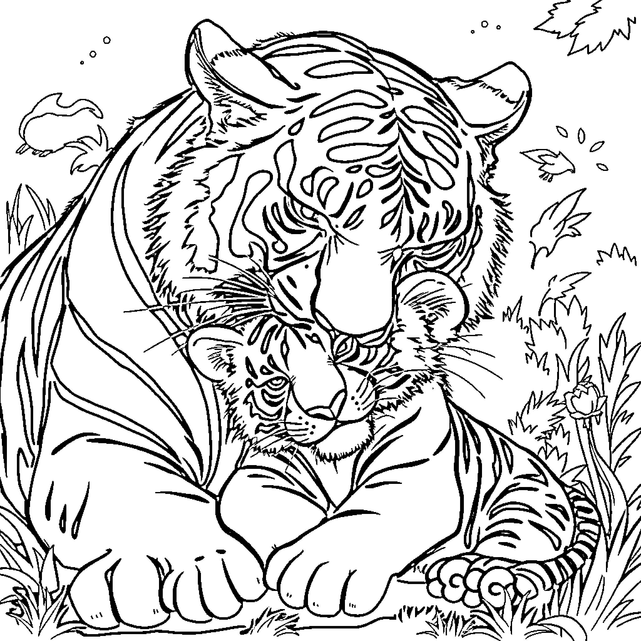 Tiger resting in the wild vegetation Coloring Page (free black-and-white line drawing printable PDF for all, from beginners to advanced learners, including children, teens, adults, and seniors)