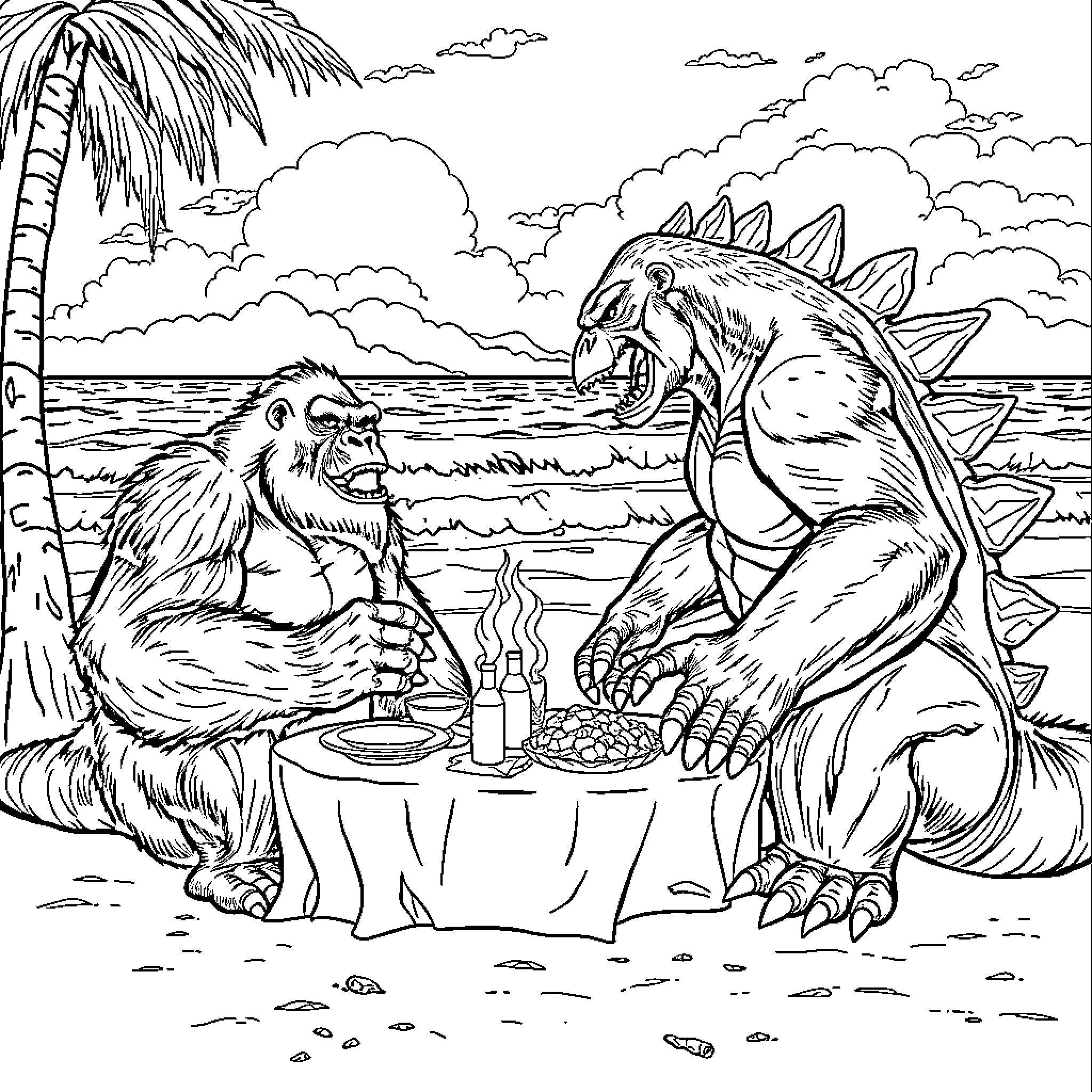 King Kong Having a Beach Picnic with Dinosaur Coloring Page (free black-and-white line drawing printable PDF for all, from beginners to advanced learners, including children, teens, adults, and seniors)