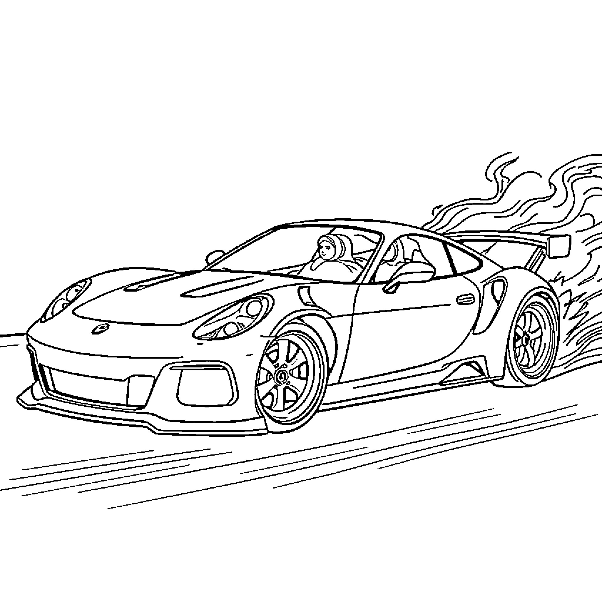 Race Car Speeding on the Track Coloring Page (free black-and-white line drawing printable PDF for all, from beginners to advanced learners, including children, teens, adults, and seniors)