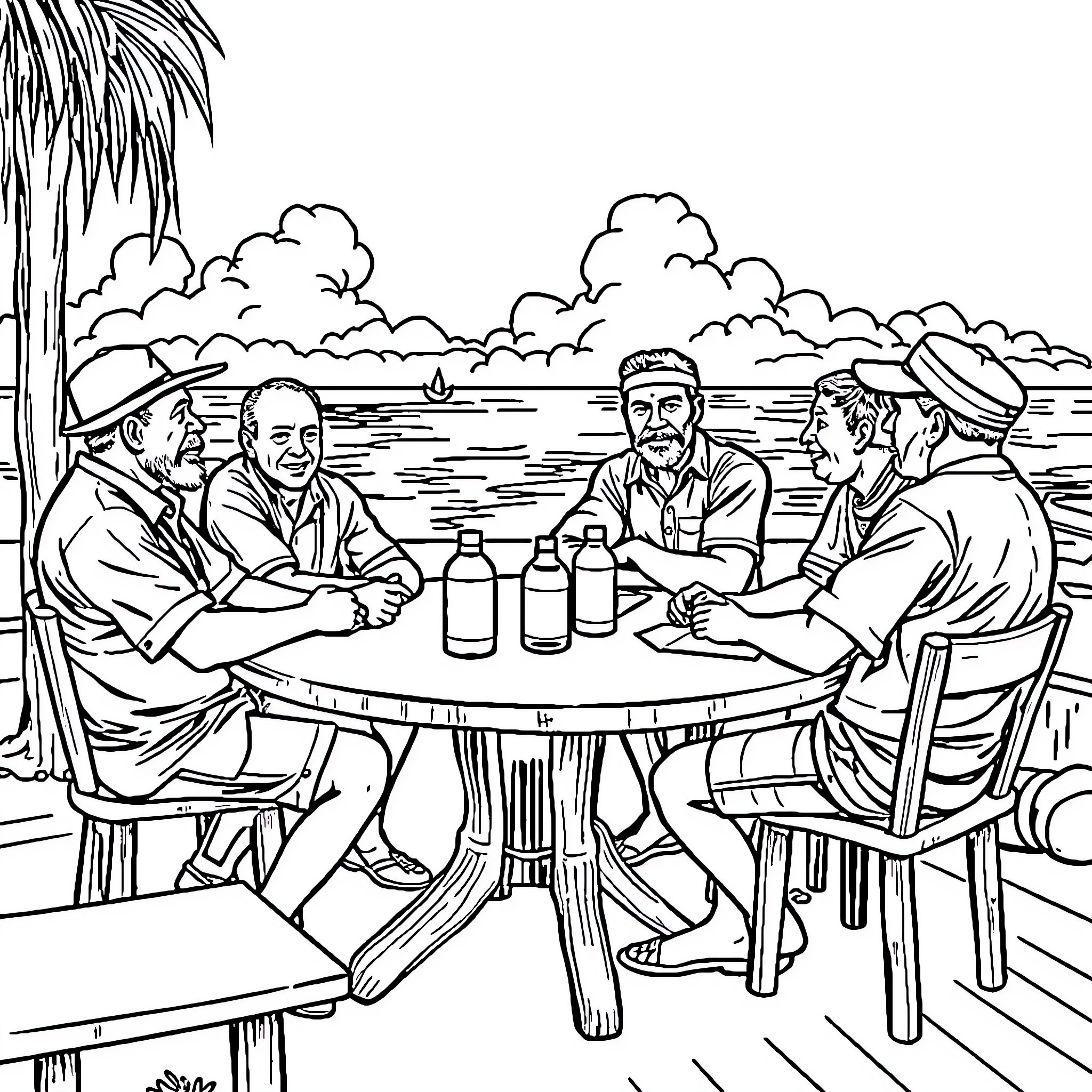 Fishermen enjoying drinks and conversation by the shore Coloring Page (free black-and-white line drawing printable PDF for all, from beginners to advanced learners, including children, teens, adults, and seniors)