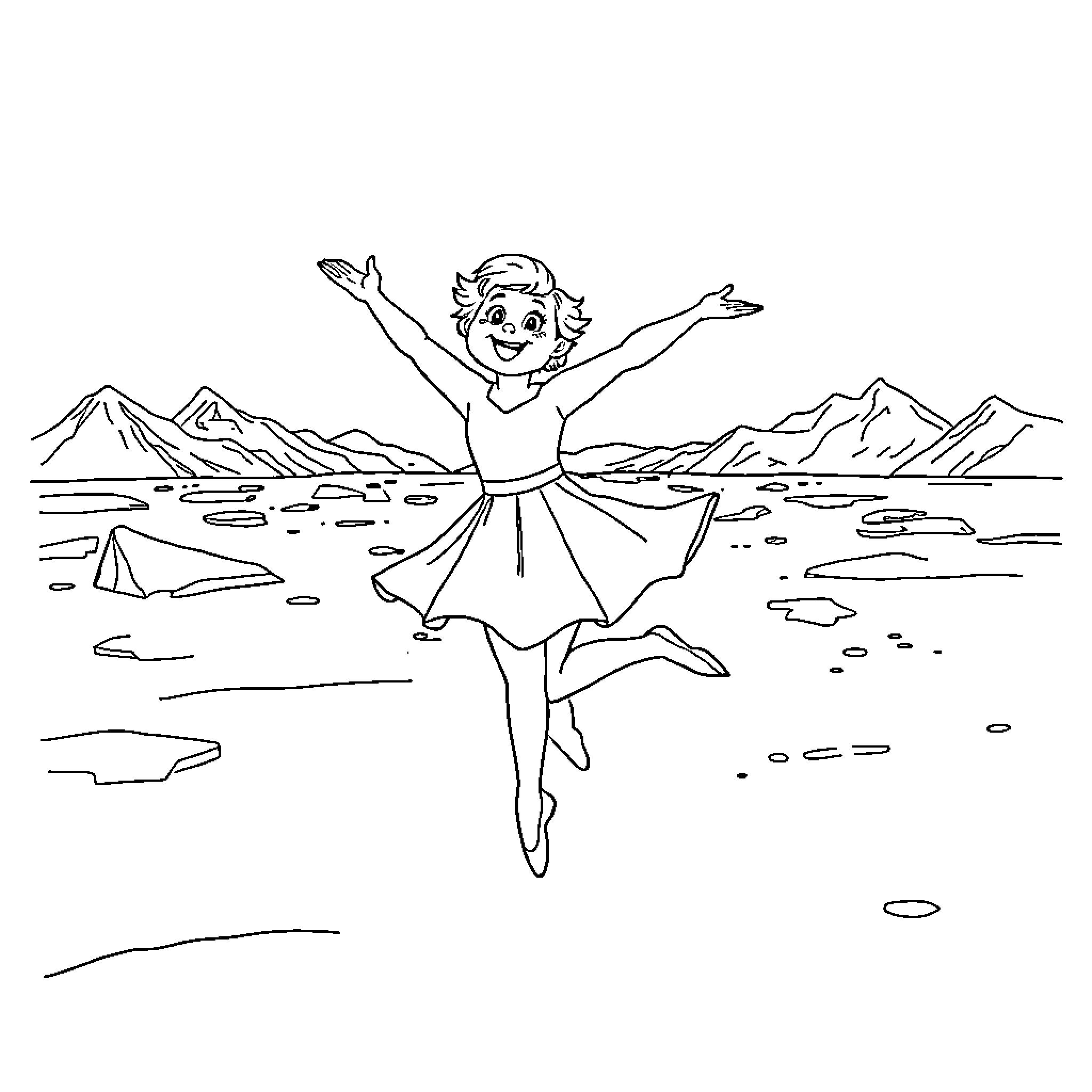 Bluey dancing joyfully in the mountains Coloring Page (free black-and-white line drawing printable PDF for all, from beginners to advanced learners, including children, teens, adults, and seniors)