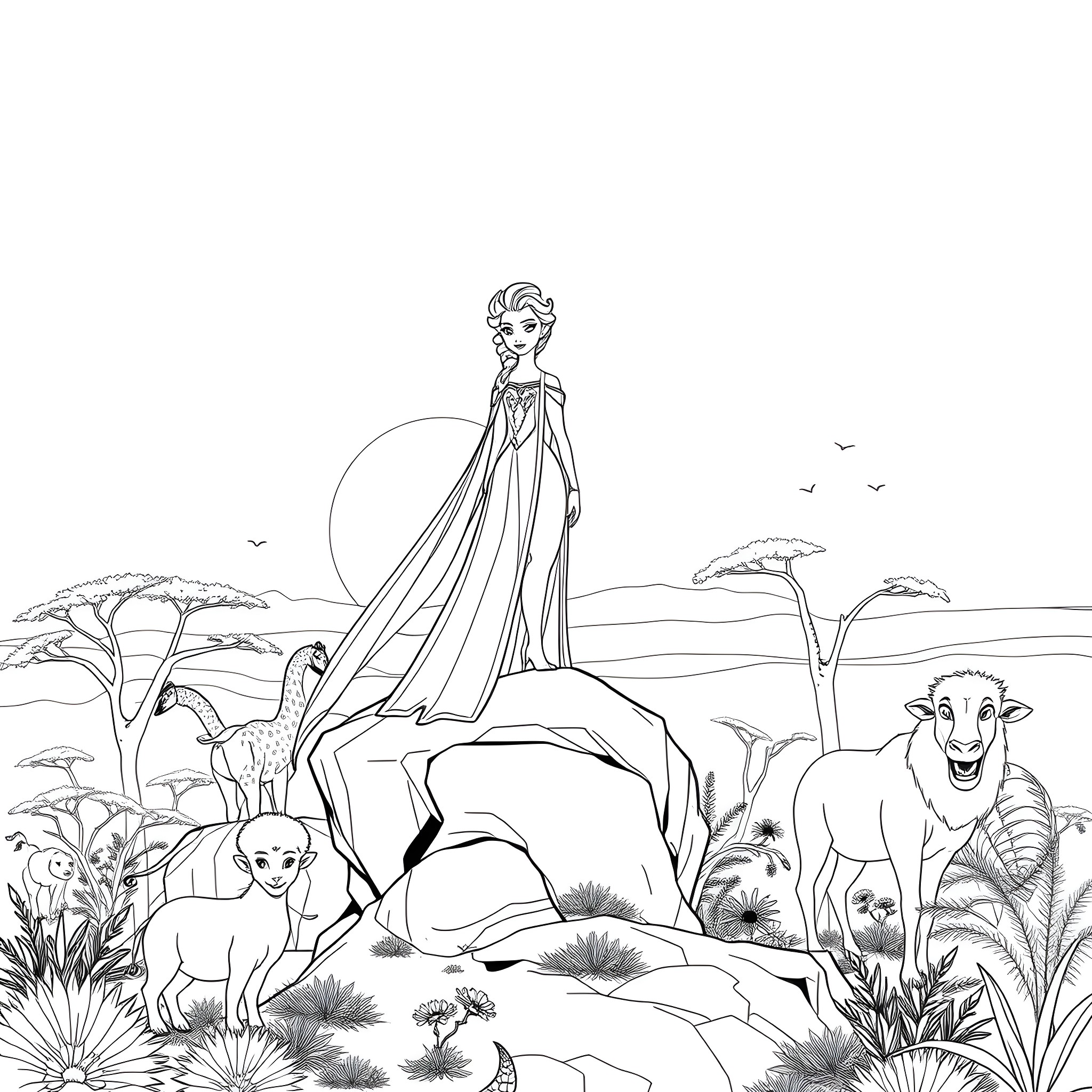Elsa's Safari Adventure in the Savanna Coloring Page (free black-and-white line drawing printable PDF for all, from beginners to advanced learners, including children, teens, adults, and seniors)