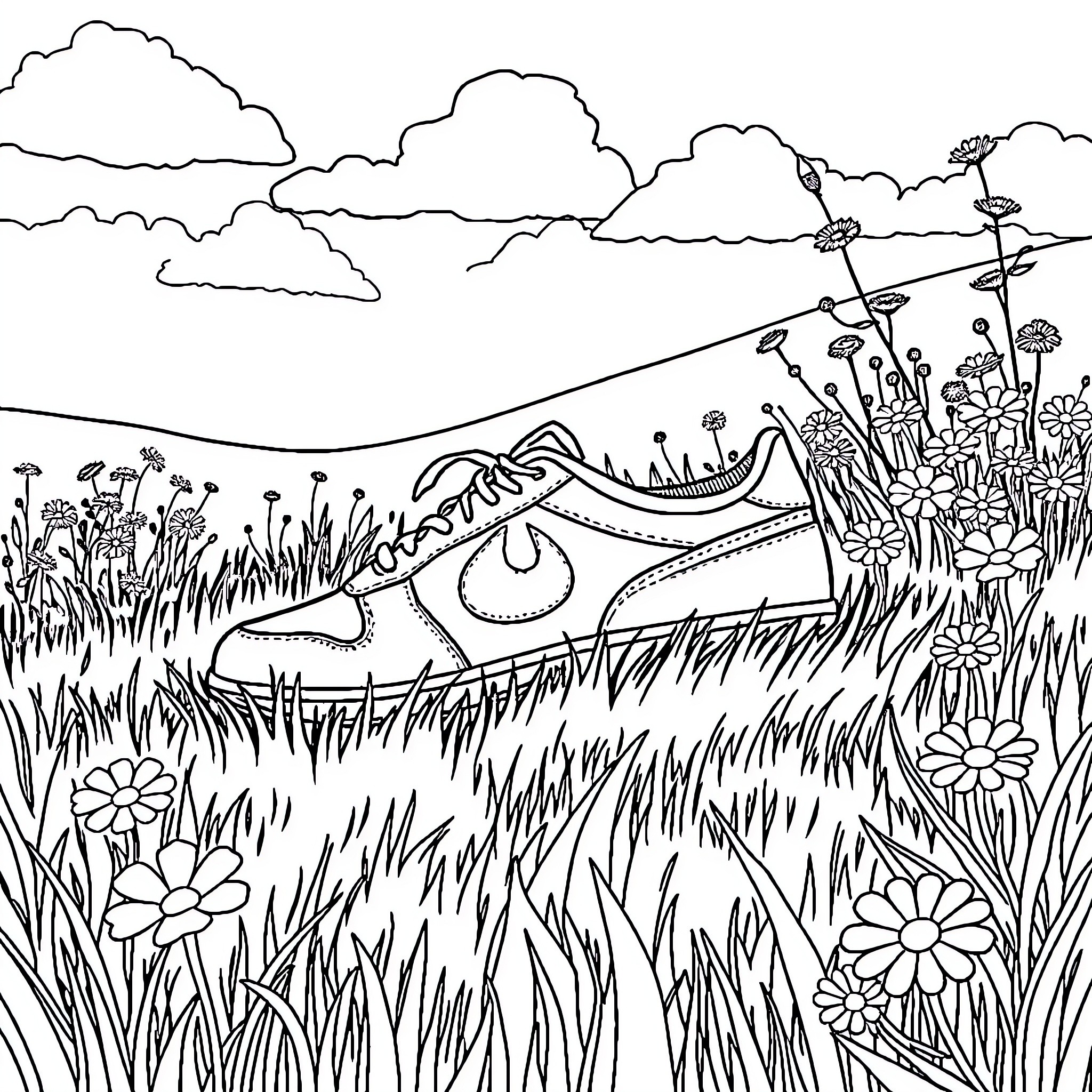 Sneaker in the Meadow with Flowers Coloring Page (free black-and-white line drawing printable PDF for all, from beginners to advanced learners, including children, teens, adults, and seniors)