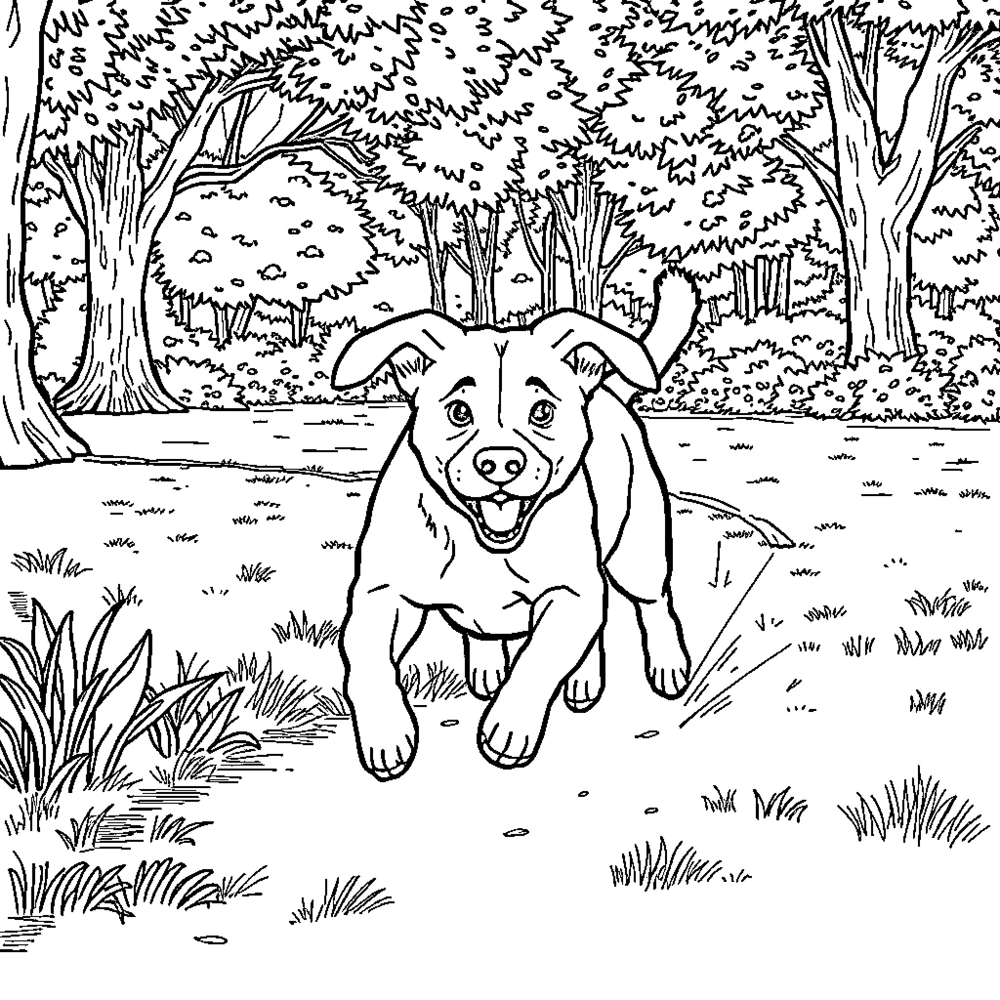 Dog enjoying a sunny day in the forest Coloring Page (free black-and-white line drawing printable PDF for all, from beginners to advanced learners, including children, teens, adults, and seniors)