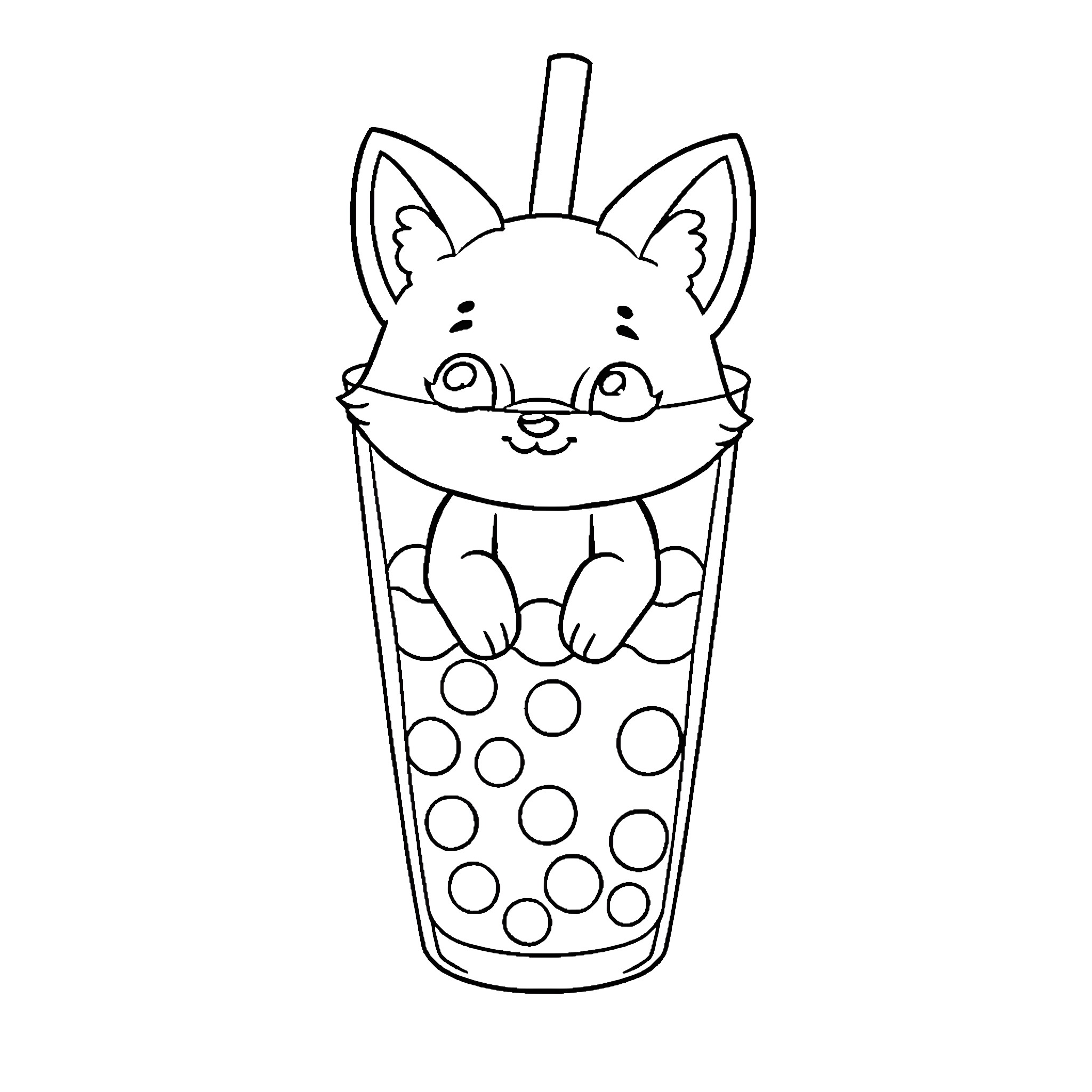 Fox in a Bubble Tea Cup Coloring Page (free black-and-white line drawing printable PDF for all, from beginners to advanced learners, including children, teens, adults, and seniors)