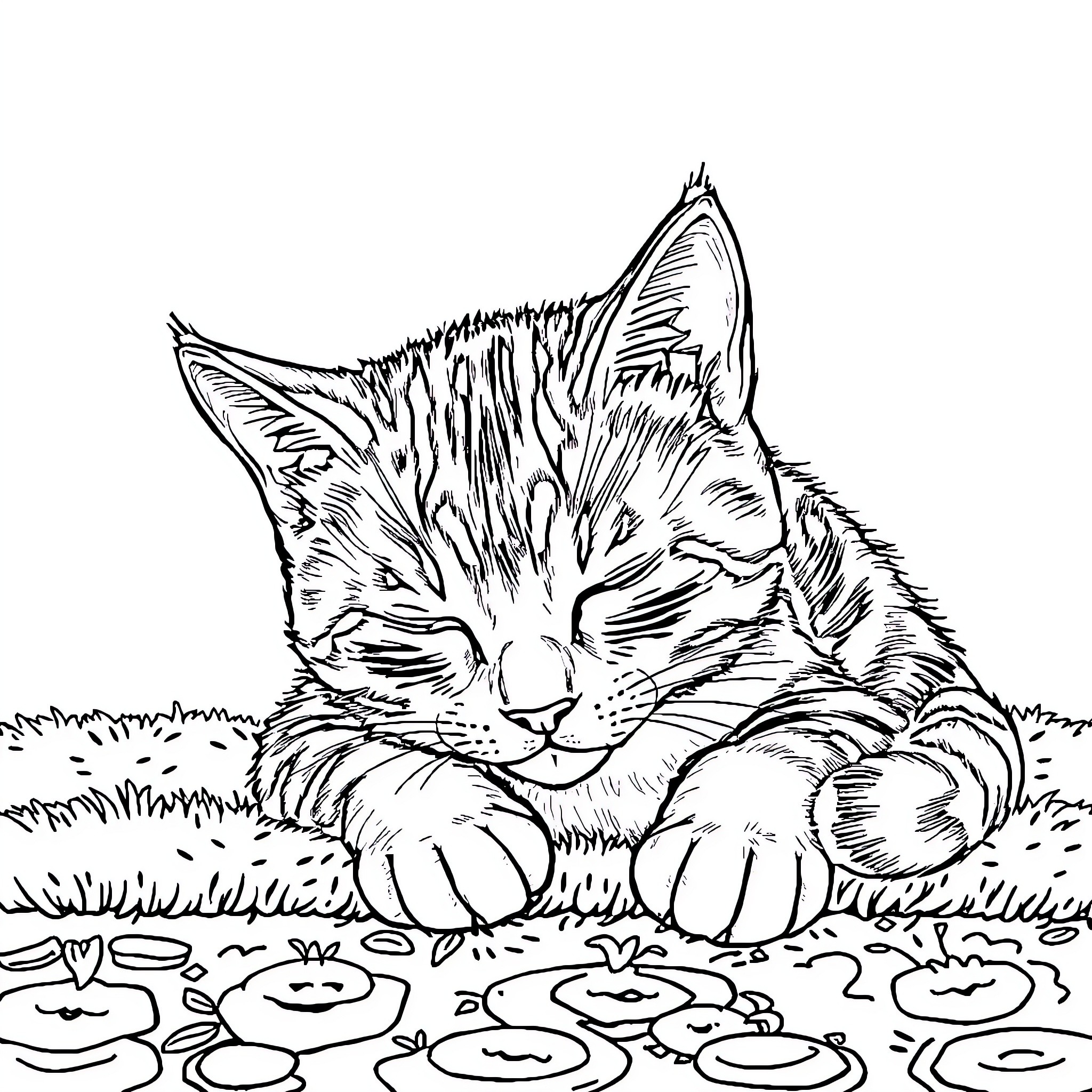 Cat resting peacefully in the grass Coloring Page (free black-and-white line drawing printable PDF for all, from beginners to advanced learners, including children, teens, adults, and seniors)